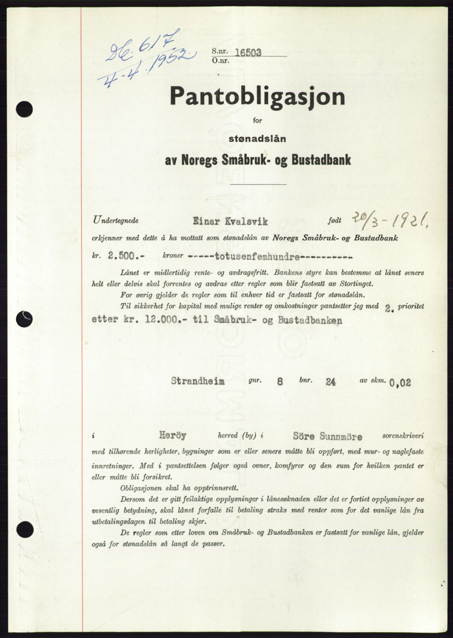 Søre Sunnmøre sorenskriveri, AV/SAT-A-4122/1/2/2C/L0121: Mortgage book no. 9B, 1951-1952, Diary no: : 617/1952