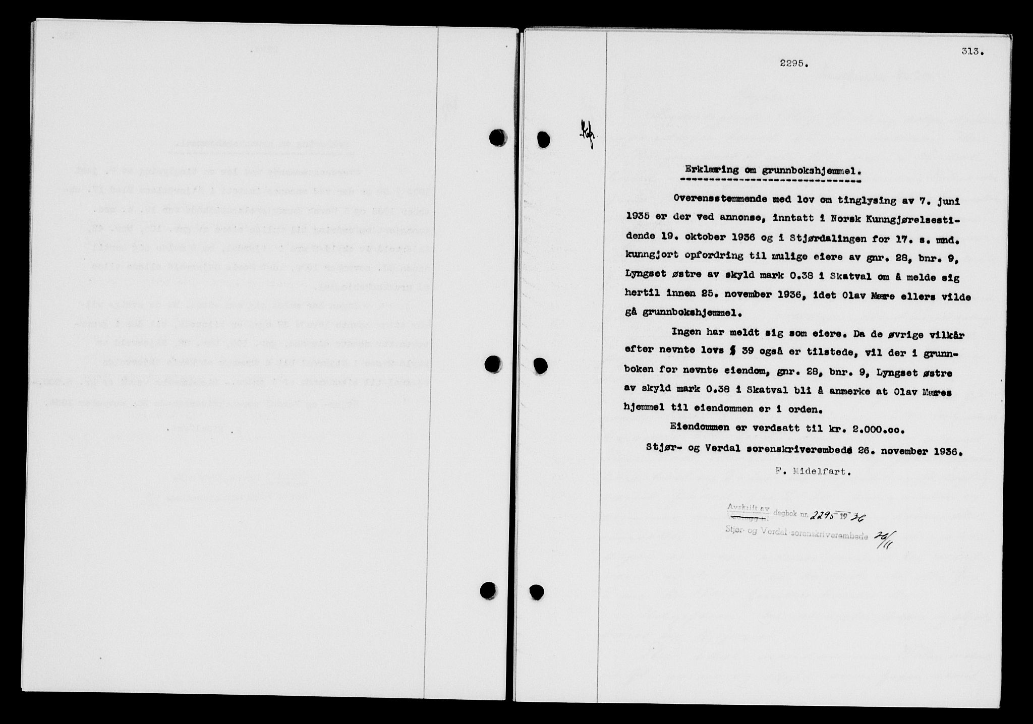 Stjør- og Verdal sorenskriveri, SAT/A-4167/1/2/2C/L0078: Mortgage book no. 46, 1936-1937, Diary no: : 2295/1936