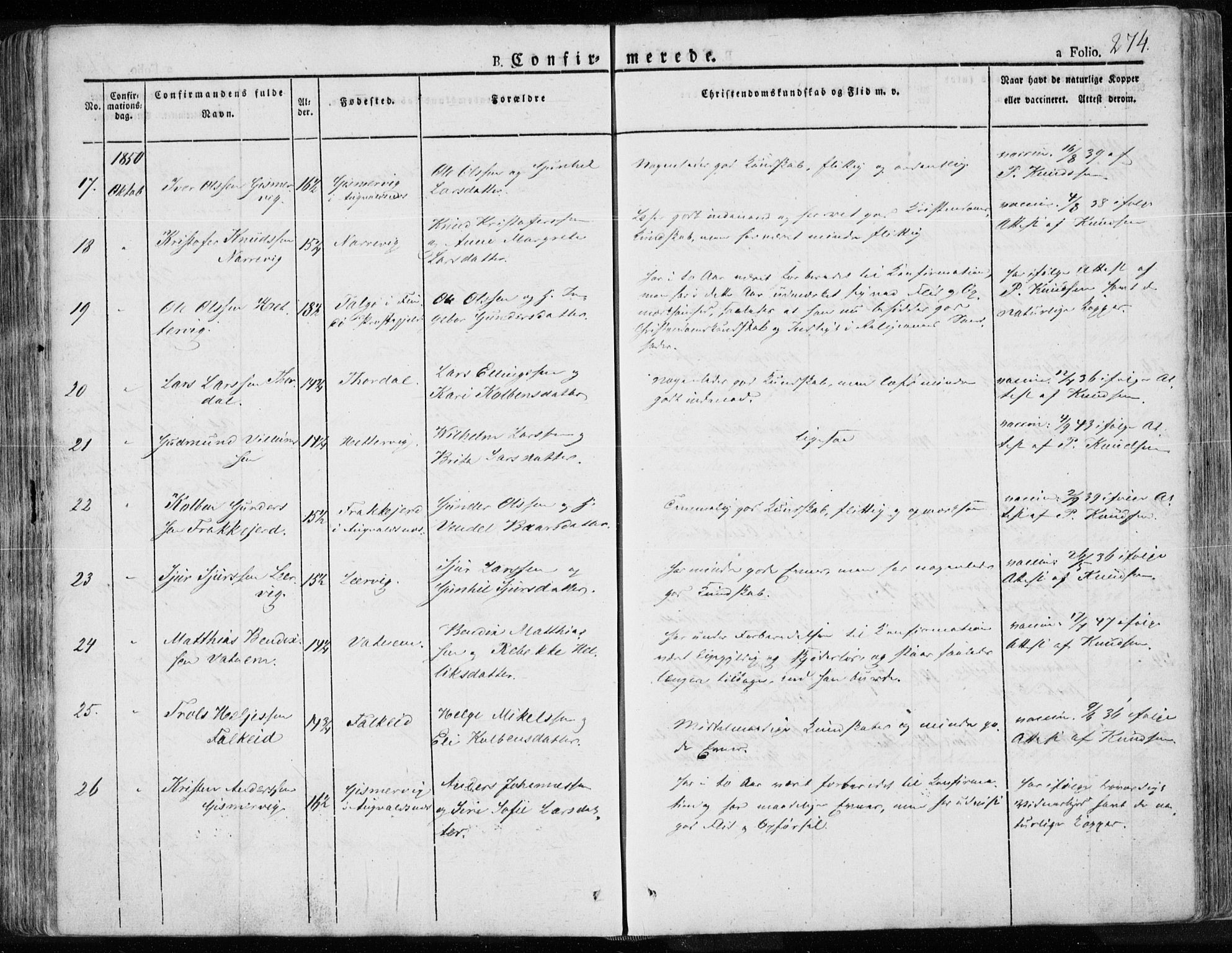 Tysvær sokneprestkontor, AV/SAST-A -101864/H/Ha/Haa/L0001: Parish register (official) no. A 1.1, 1831-1856, p. 274