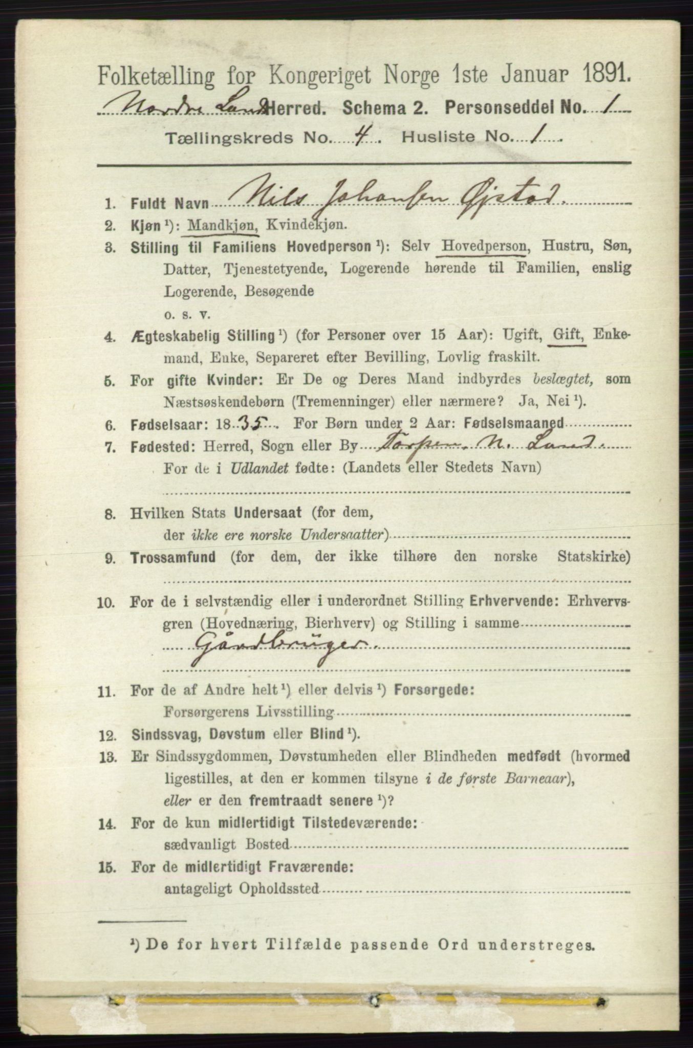 RA, 1891 census for 0538 Nordre Land, 1891, p. 1344