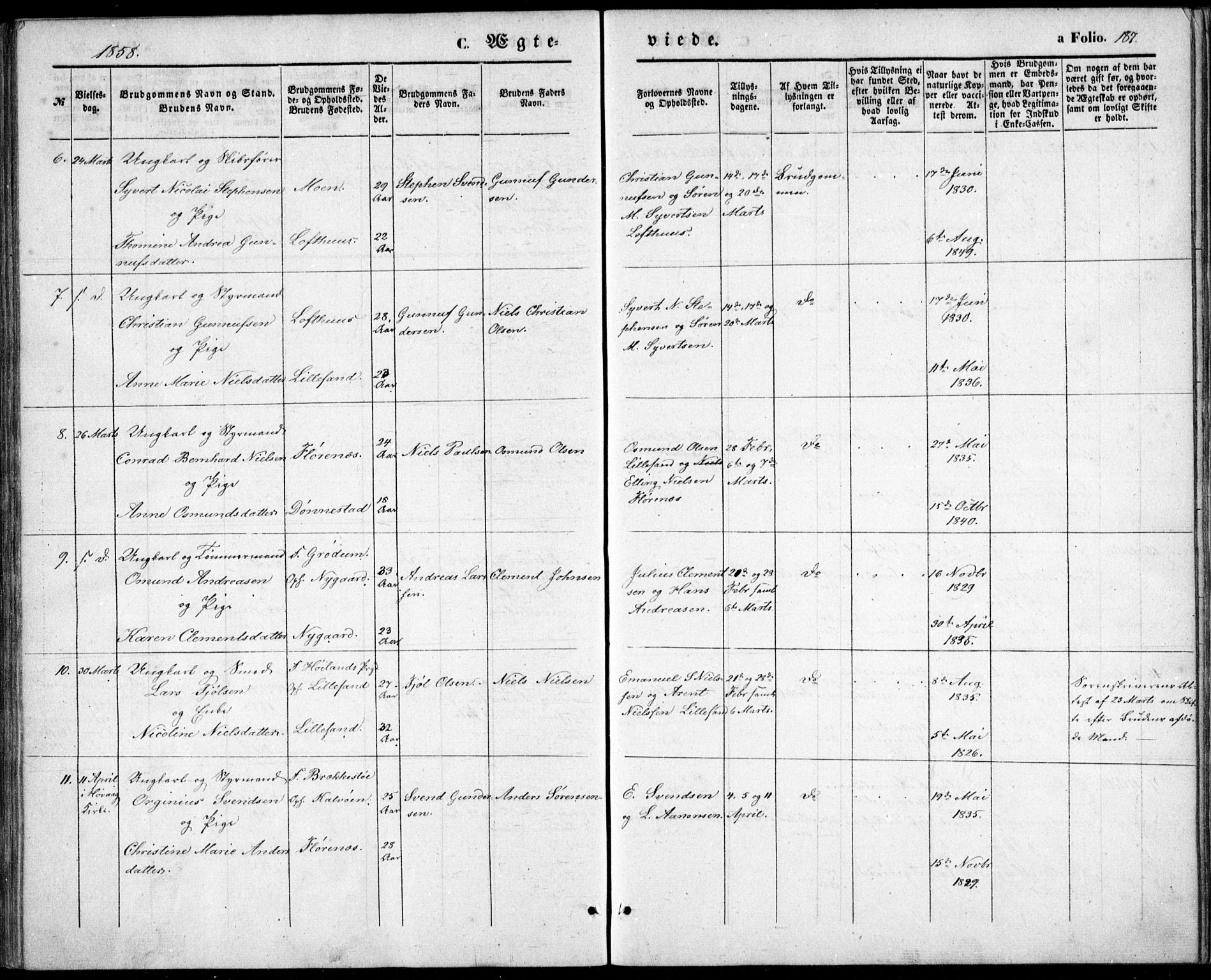 Vestre Moland sokneprestkontor, AV/SAK-1111-0046/F/Fb/Fbb/L0003: Parish register (copy) no. B 3, 1851-1861, p. 187