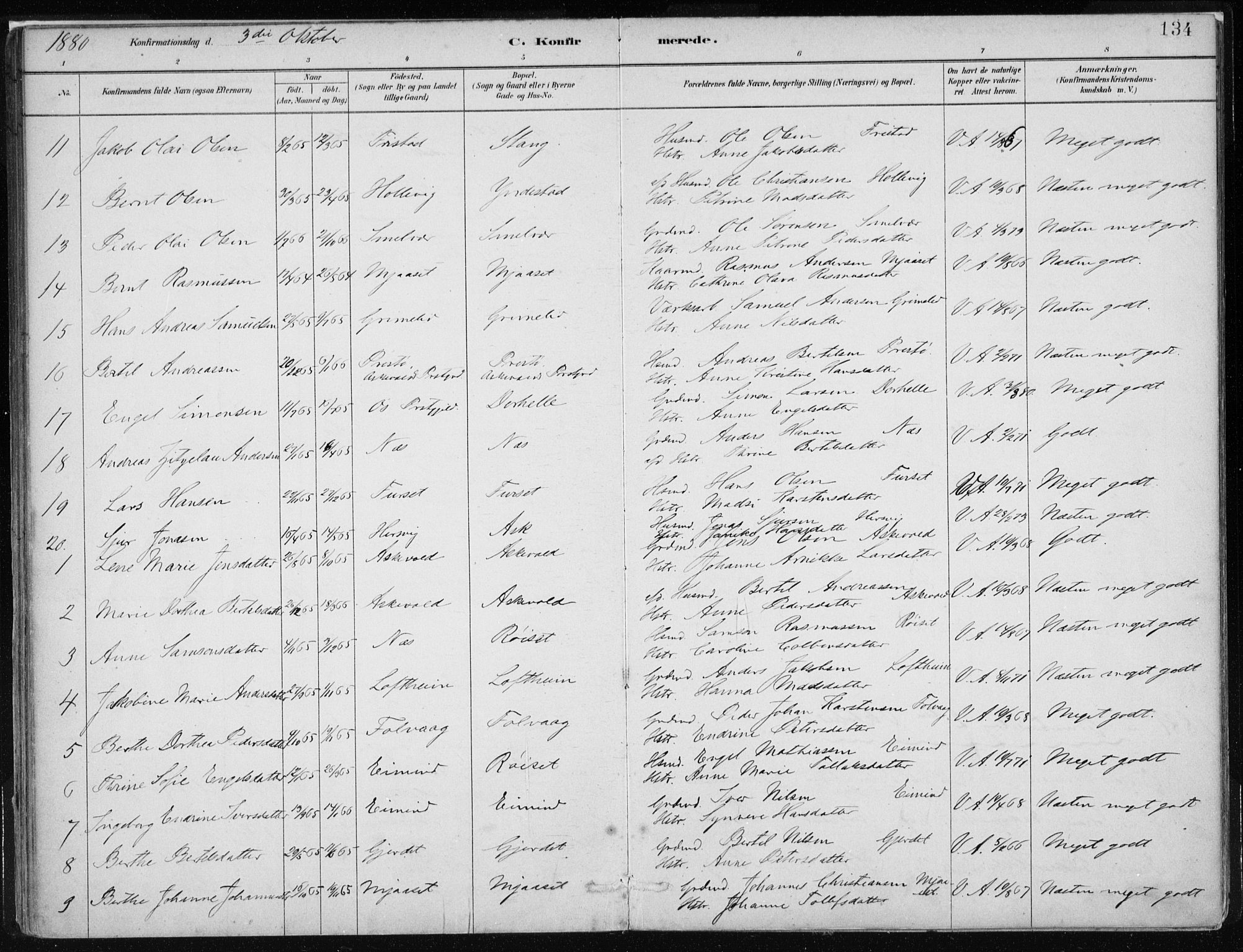 Askvoll sokneprestembete, AV/SAB-A-79501/H/Haa/Haab/L0002: Parish register (official) no. B 2, 1879-1909, p. 134