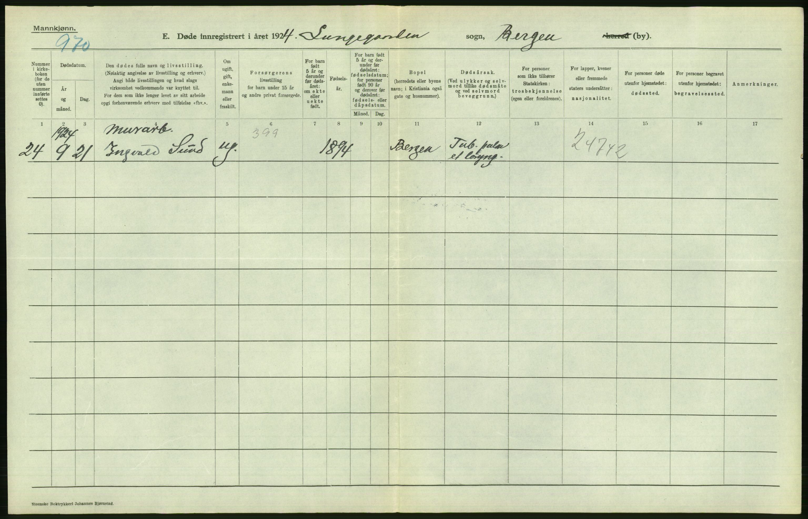 Statistisk sentralbyrå, Sosiodemografiske emner, Befolkning, RA/S-2228/D/Df/Dfc/Dfcd/L0028: Bergen: Gifte, døde., 1924, p. 566