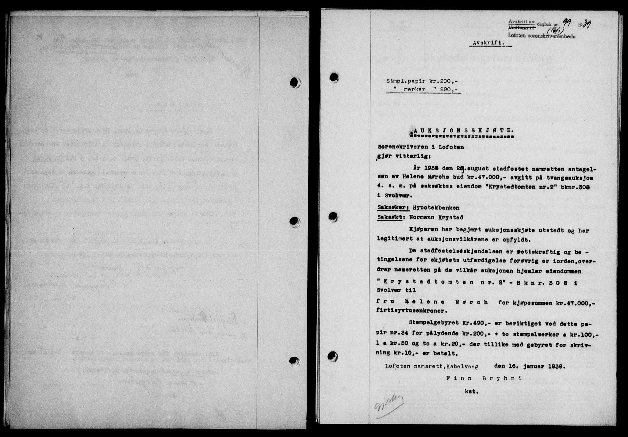 Lofoten sorenskriveri, SAT/A-0017/1/2/2C/L0005a: Mortgage book no. 5a, 1939-1939, Diary no: : 99/1939