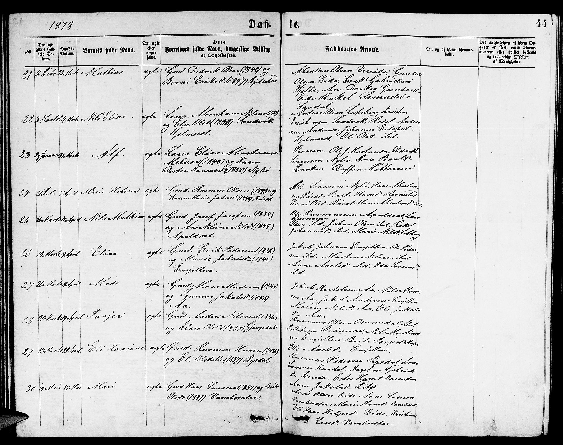 Gloppen sokneprestembete, SAB/A-80101/H/Hab/Habb/L0001: Parish register (copy) no. B 1, 1872-1888, p. 44