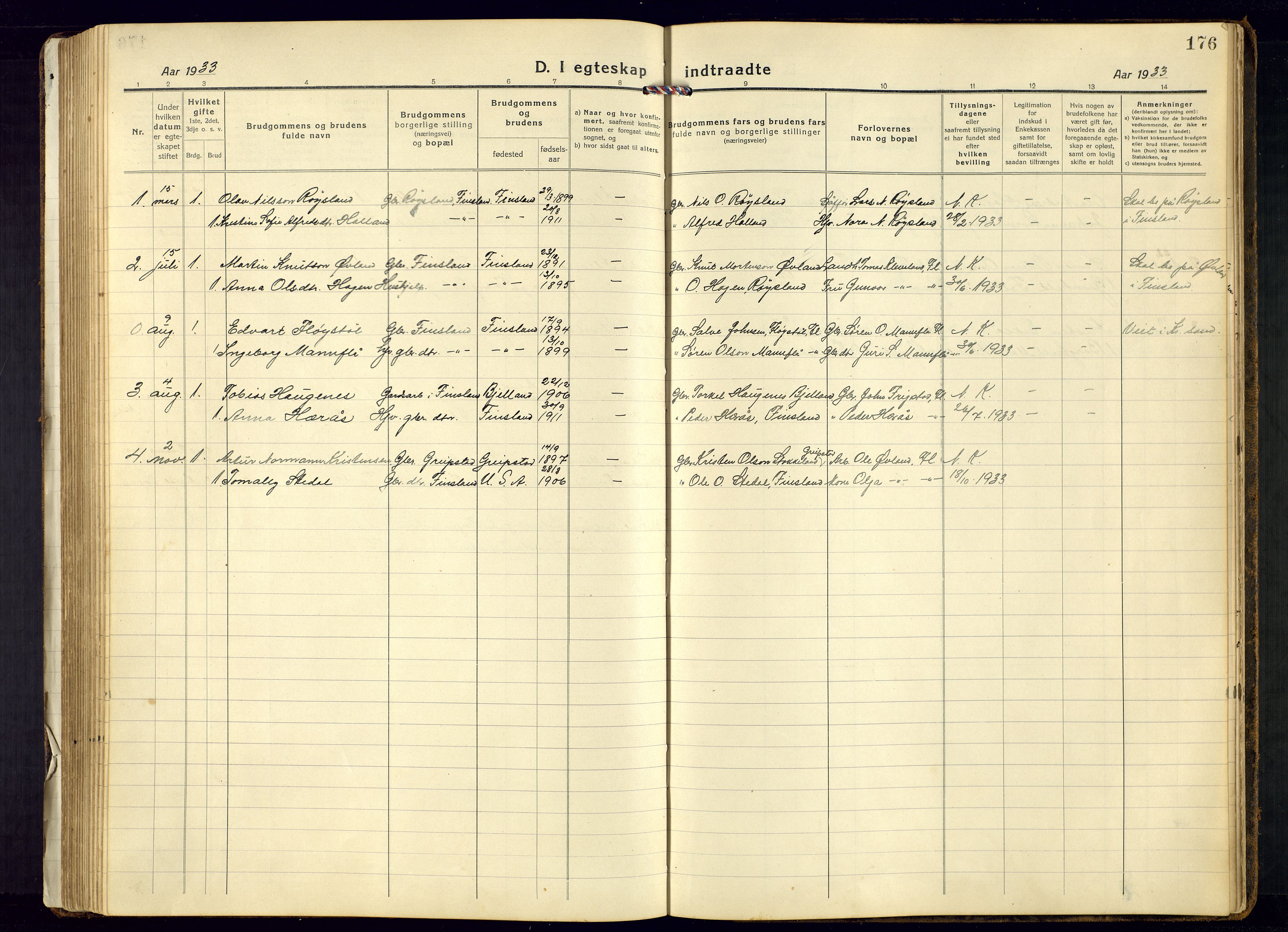 Bjelland sokneprestkontor, AV/SAK-1111-0005/F/Fb/Fbb/L0006: Parish register (copy) no. B-6, 1918-1946, p. 176