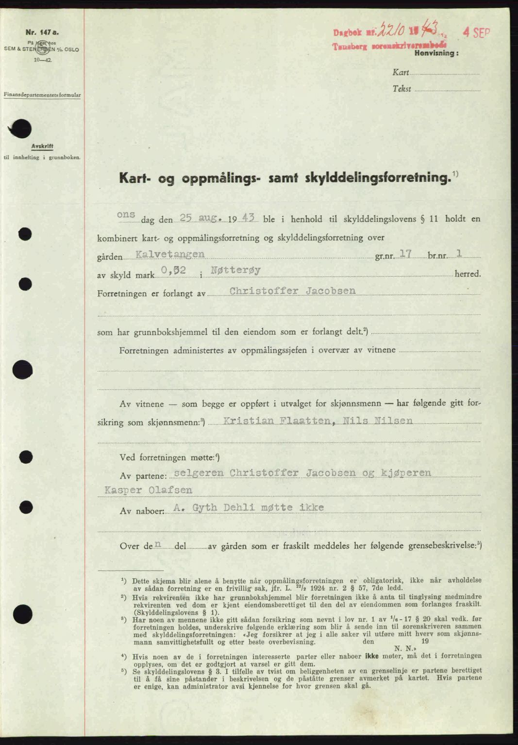 Tønsberg sorenskriveri, AV/SAKO-A-130/G/Ga/Gaa/L0013: Mortgage book no. A13, 1943-1943, Diary no: : 2210/1943