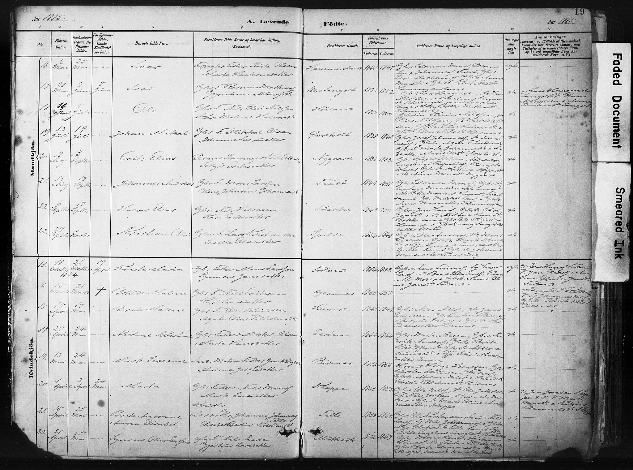 Sund sokneprestembete, AV/SAB-A-99930: Parish register (official) no. B 1, 1882-1907, p. 19