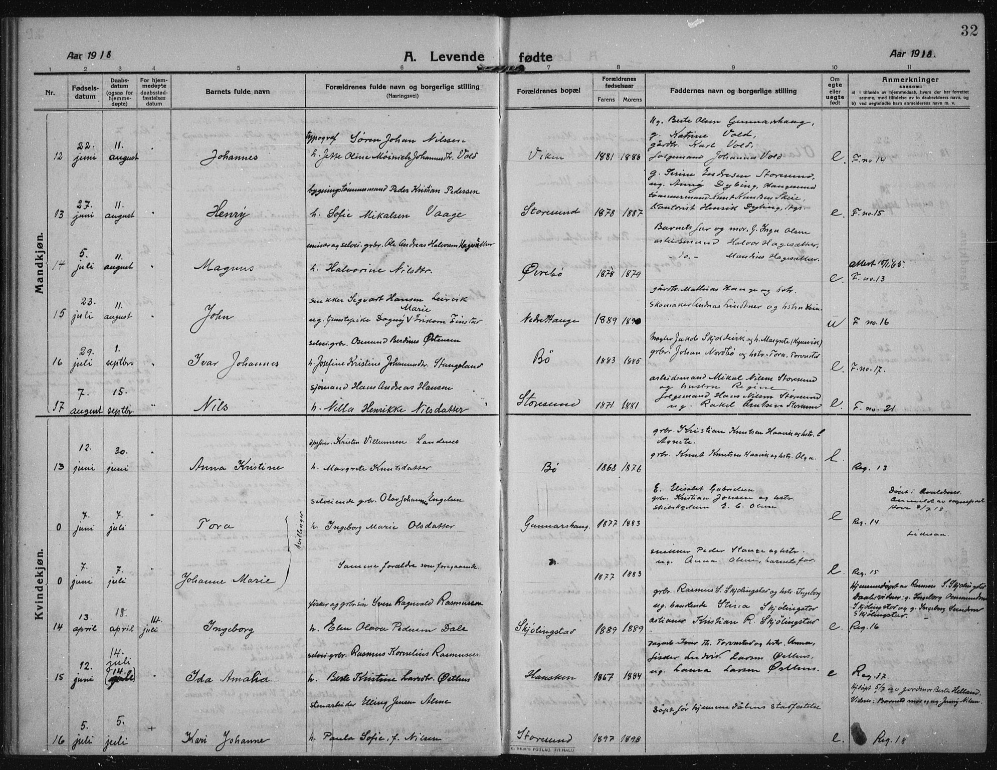 Torvastad sokneprestkontor, AV/SAST-A -101857/H/Ha/Haa/L0019: Parish register (official) no. A 18, 1912-1920, p. 32