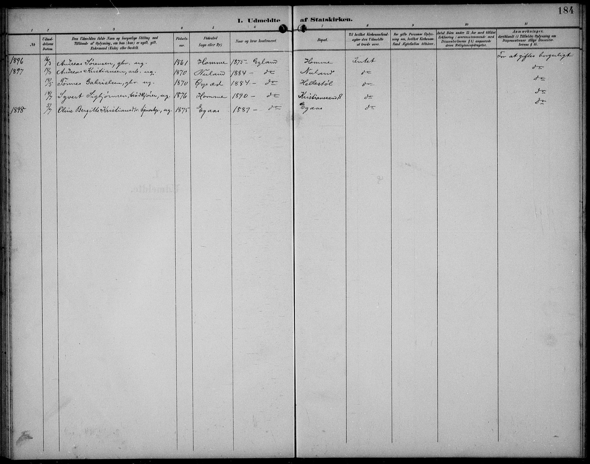 Bakke sokneprestkontor, AV/SAK-1111-0002/F/Fb/Fbb/L0004: Parish register (copy) no. B 4, 1896-1927, p. 184