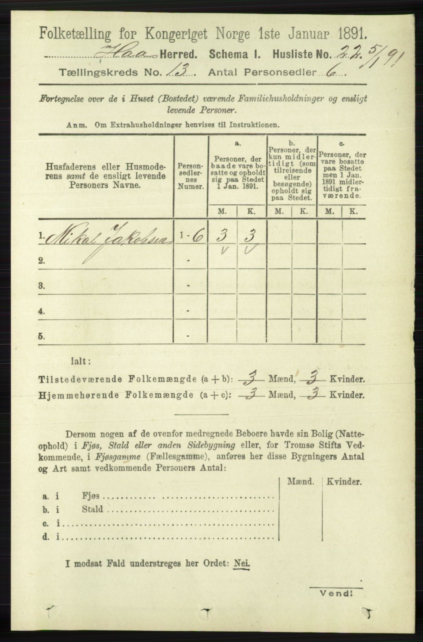 RA, 1891 census for 1119 Hå, 1891, p. 3146