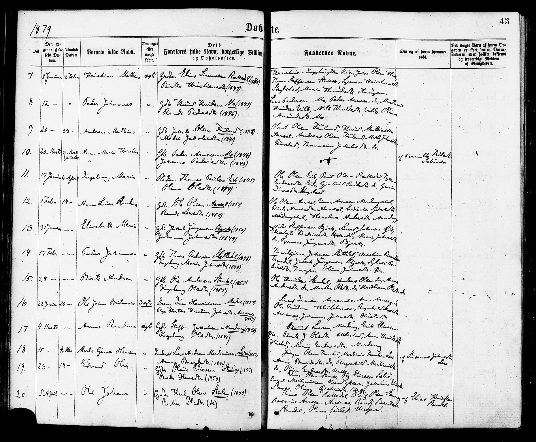 Ministerialprotokoller, klokkerbøker og fødselsregistre - Møre og Romsdal, SAT/A-1454/515/L0210: Parish register (official) no. 515A06, 1868-1885, p. 43