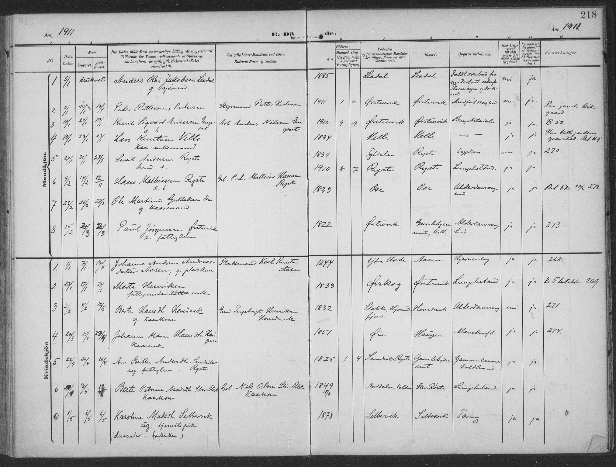 Ministerialprotokoller, klokkerbøker og fødselsregistre - Møre og Romsdal, SAT/A-1454/513/L0178: Parish register (official) no. 513A05, 1906-1919, p. 218