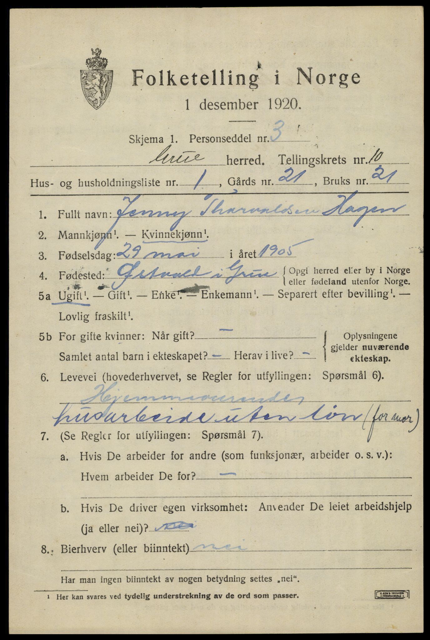 SAH, 1920 census for Grue, 1920, p. 8297