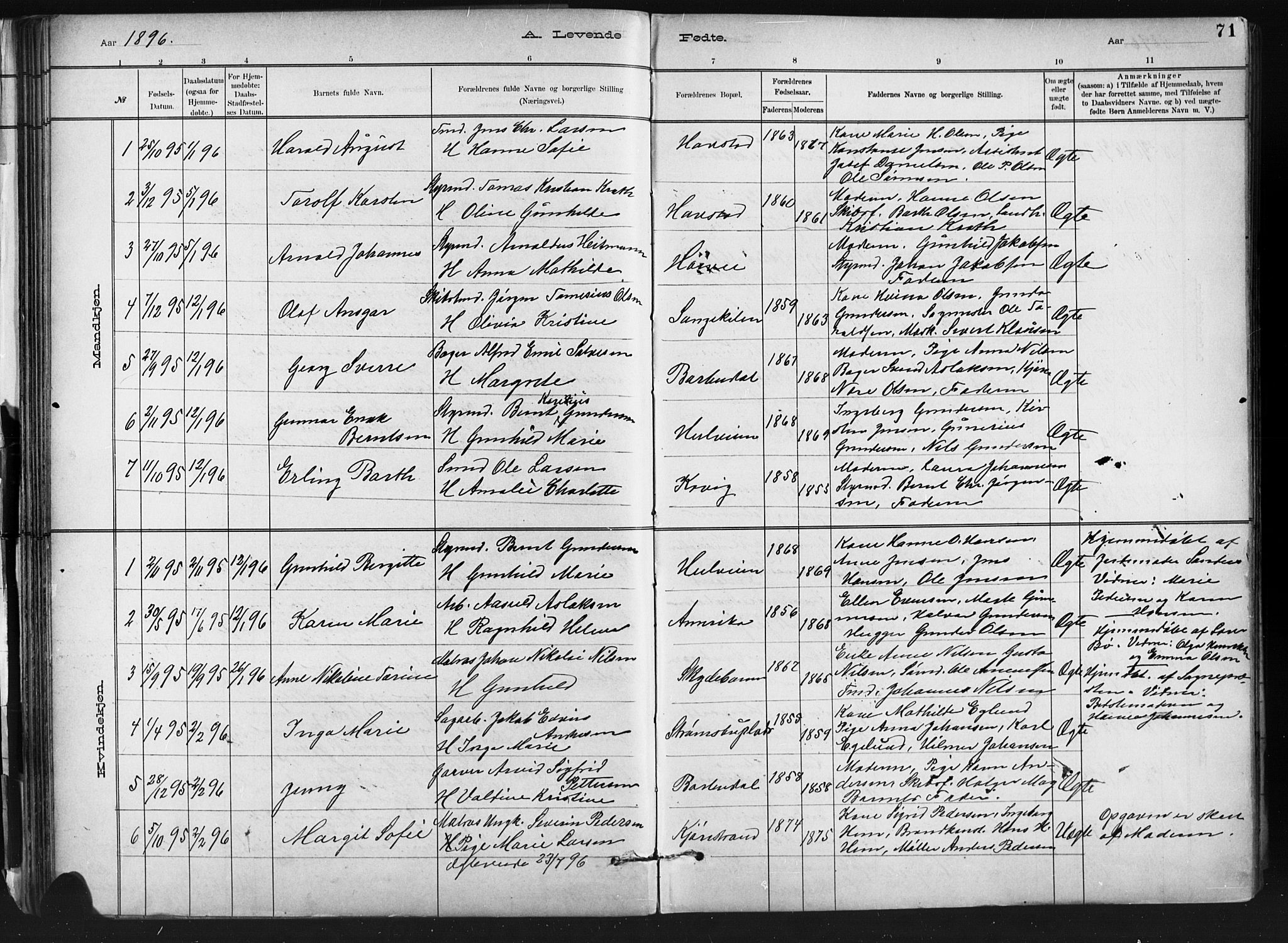 Barbu sokneprestkontor, AV/SAK-1111-0003/F/Fb/L0002: Parish register (copy) no. B 2, 1890-1922, p. 71