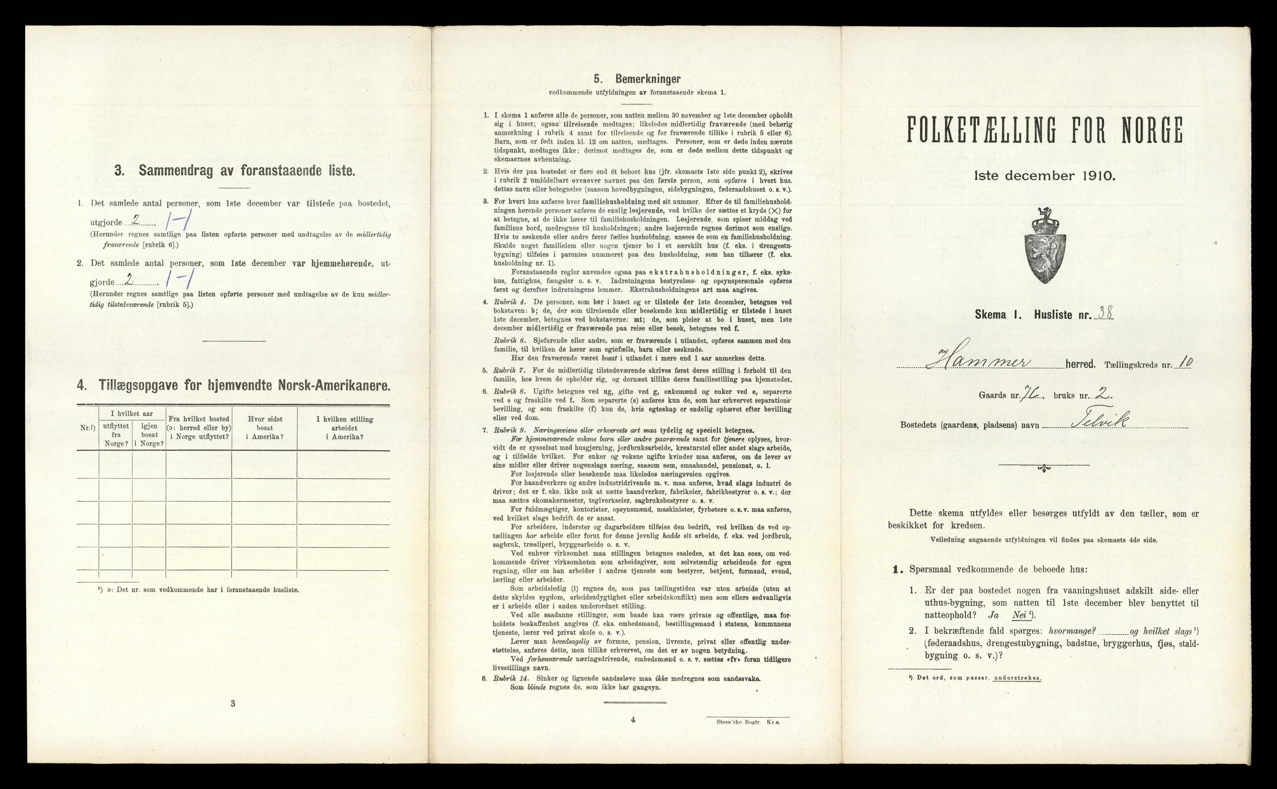 RA, 1910 census for Hamre, 1910, p. 864
