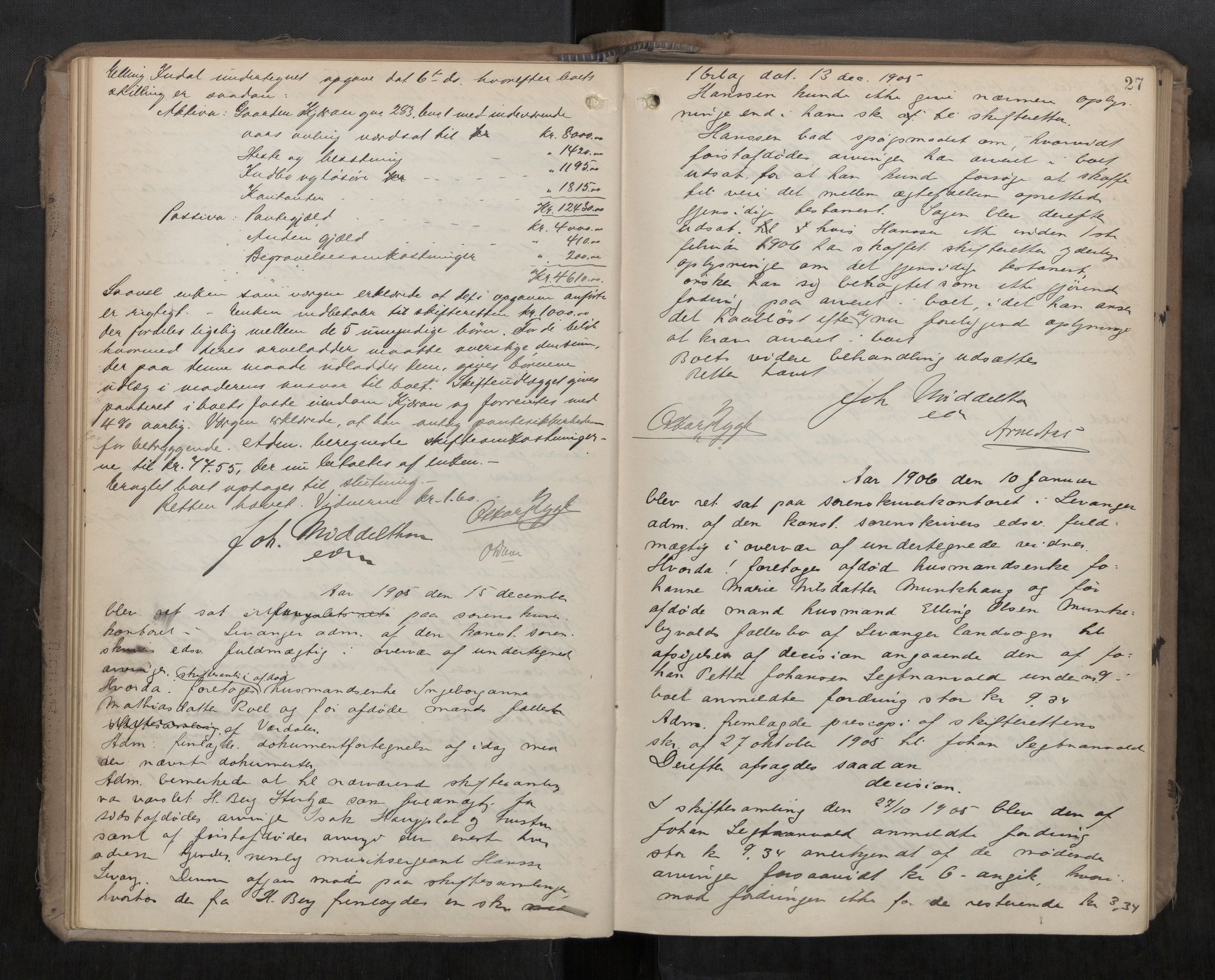 Stjør- og Verdal sorenskriveri, AV/SAT-A-4167/1/3/3B/L0010: Skifteforhandlingsprotokoll, 1905-1909, p. 27