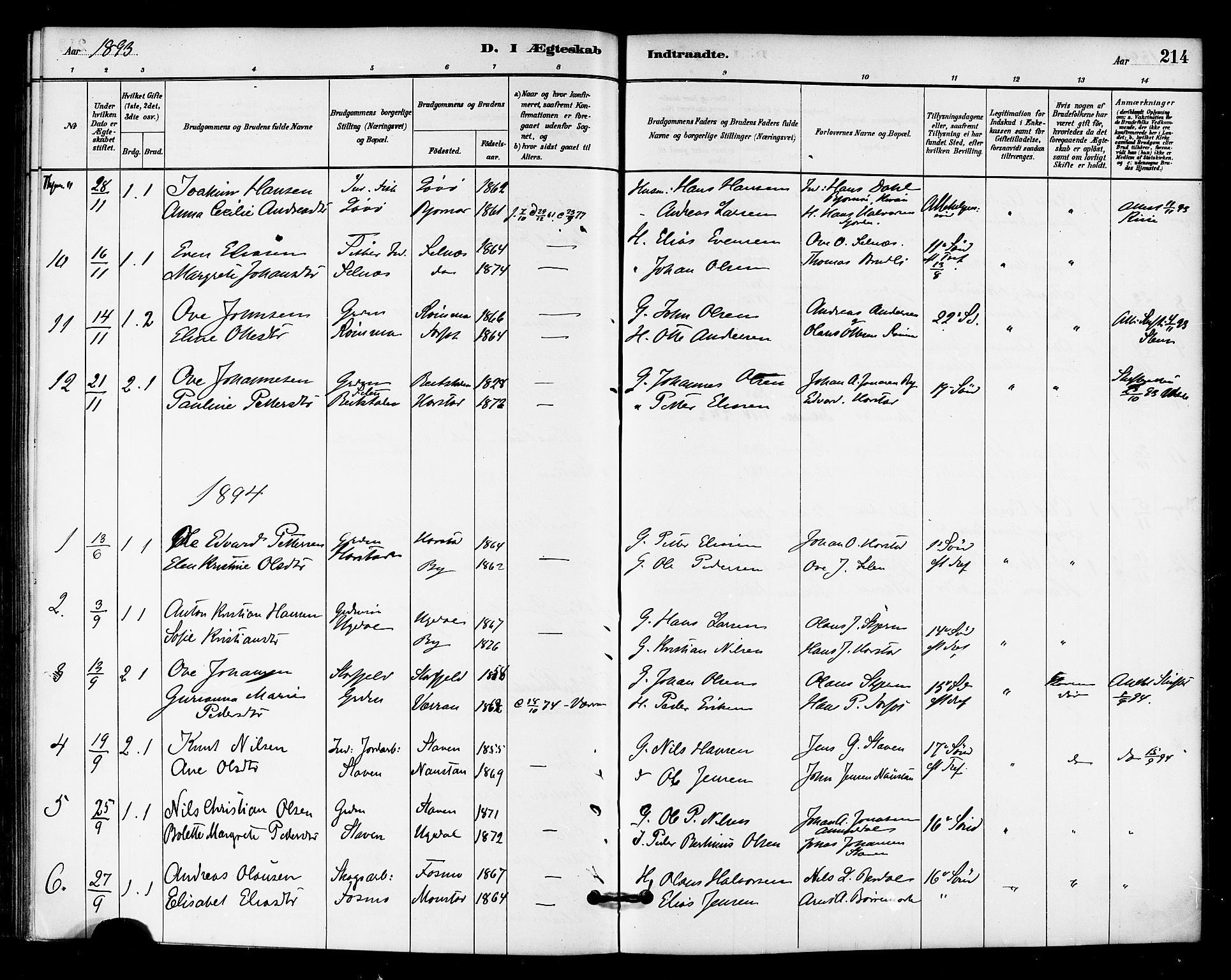 Ministerialprotokoller, klokkerbøker og fødselsregistre - Sør-Trøndelag, AV/SAT-A-1456/655/L0680: Parish register (official) no. 655A09, 1880-1894, p. 214