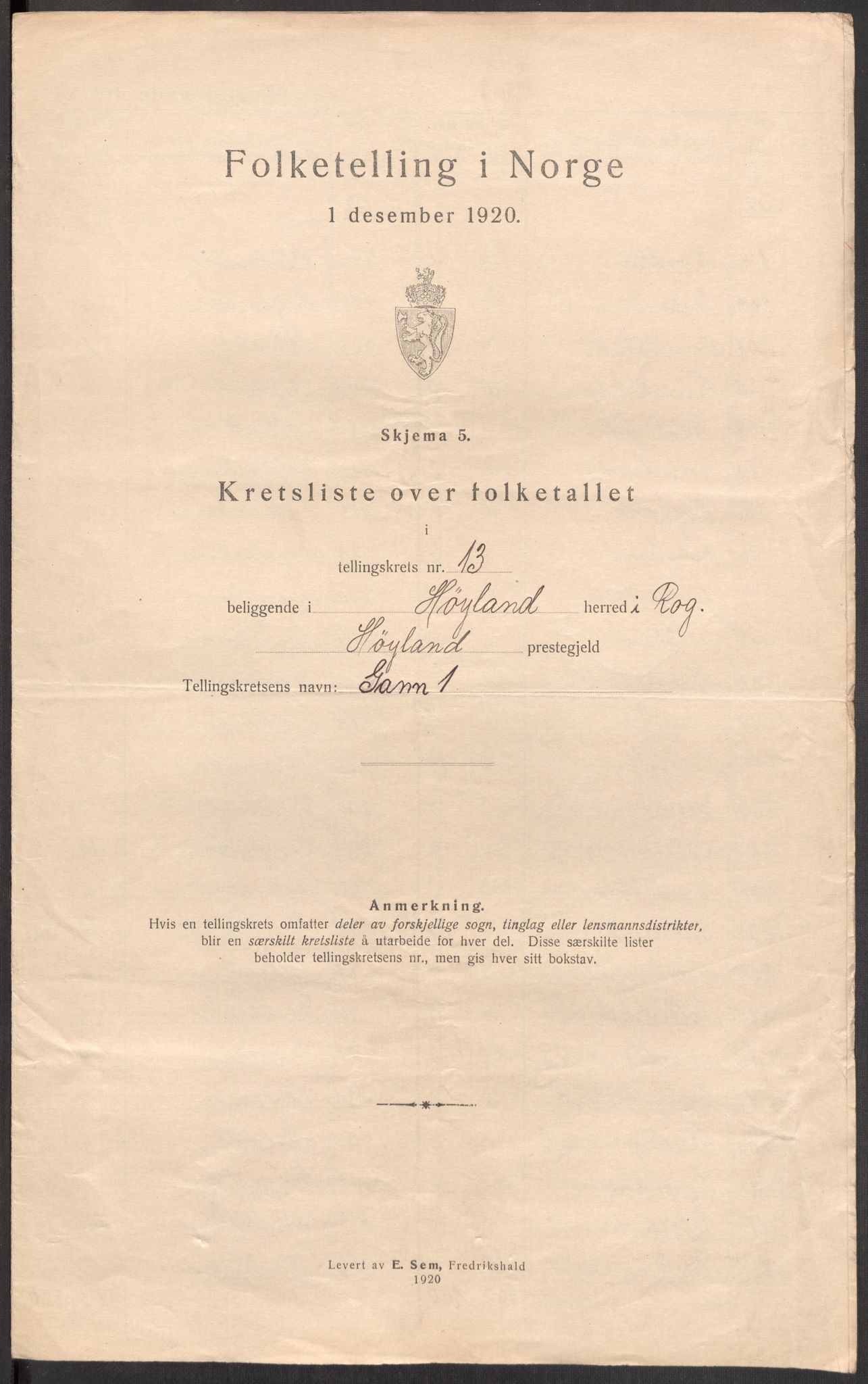 SAST, 1920 census for Høyland, 1920, p. 51