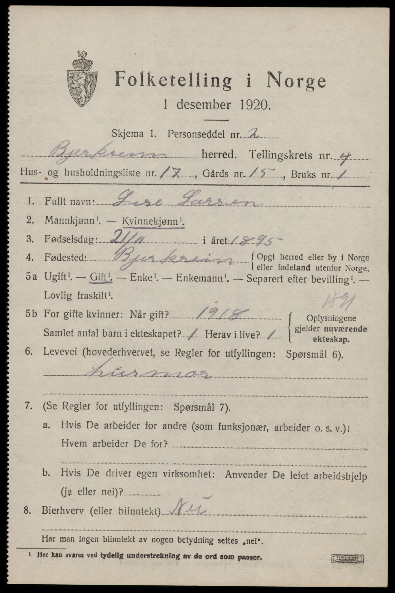 SAST, 1920 census for Bjerkreim, 1920, p. 1972