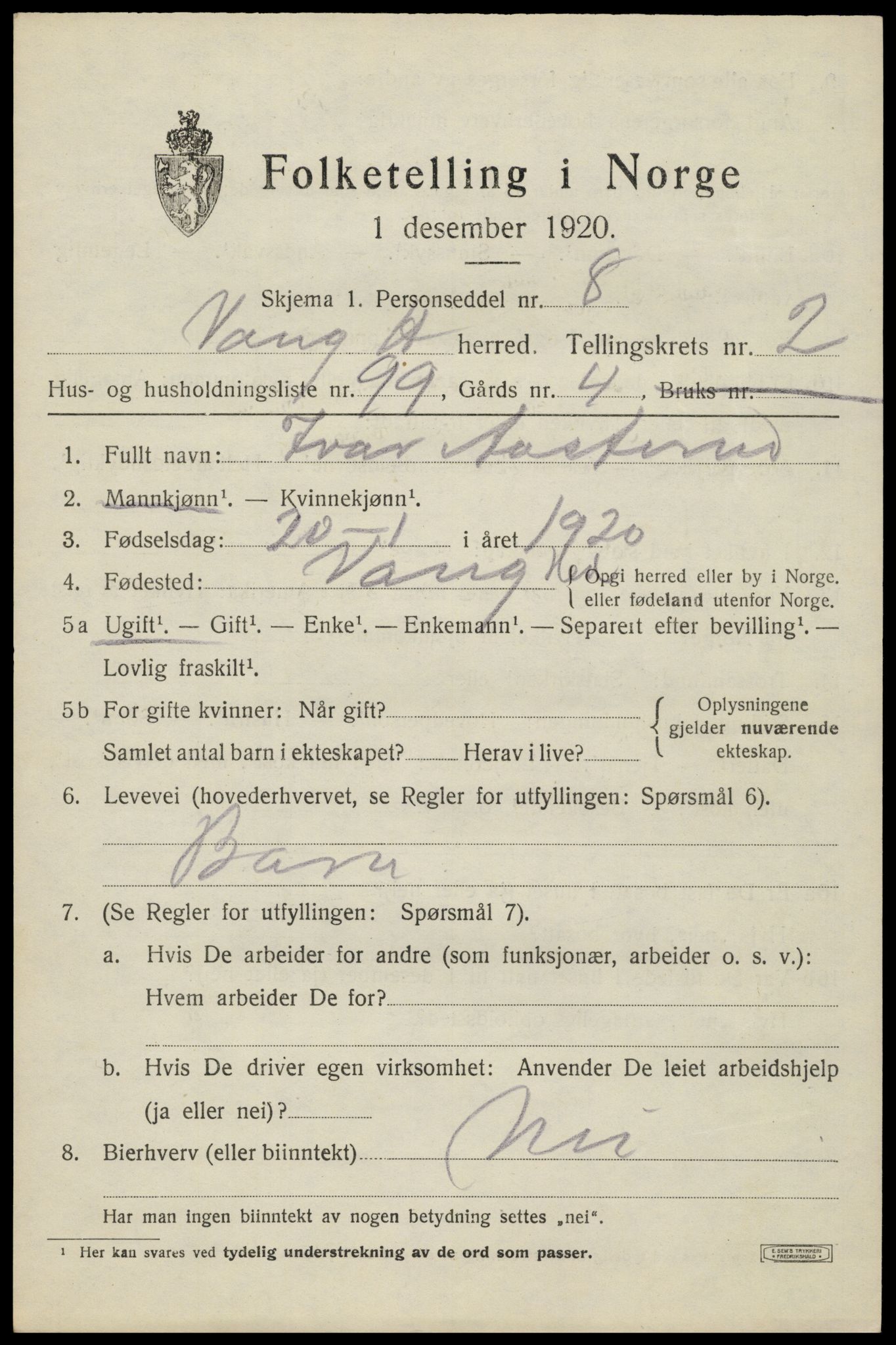 SAH, 1920 census for Vang (Hedmark), 1920, p. 7791