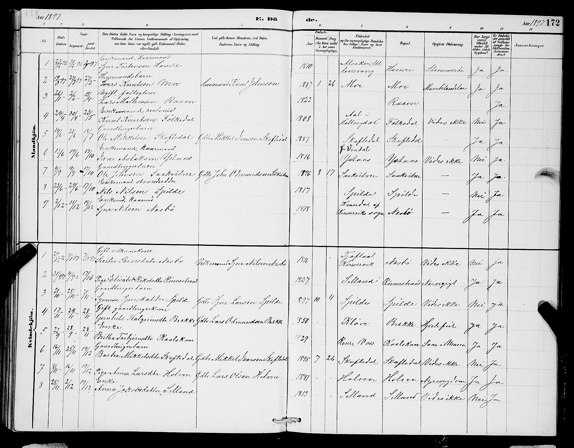 Ulvik sokneprestembete, SAB/A-78801/H/Hab: Parish register (copy) no. B 3, 1884-1901, p. 172