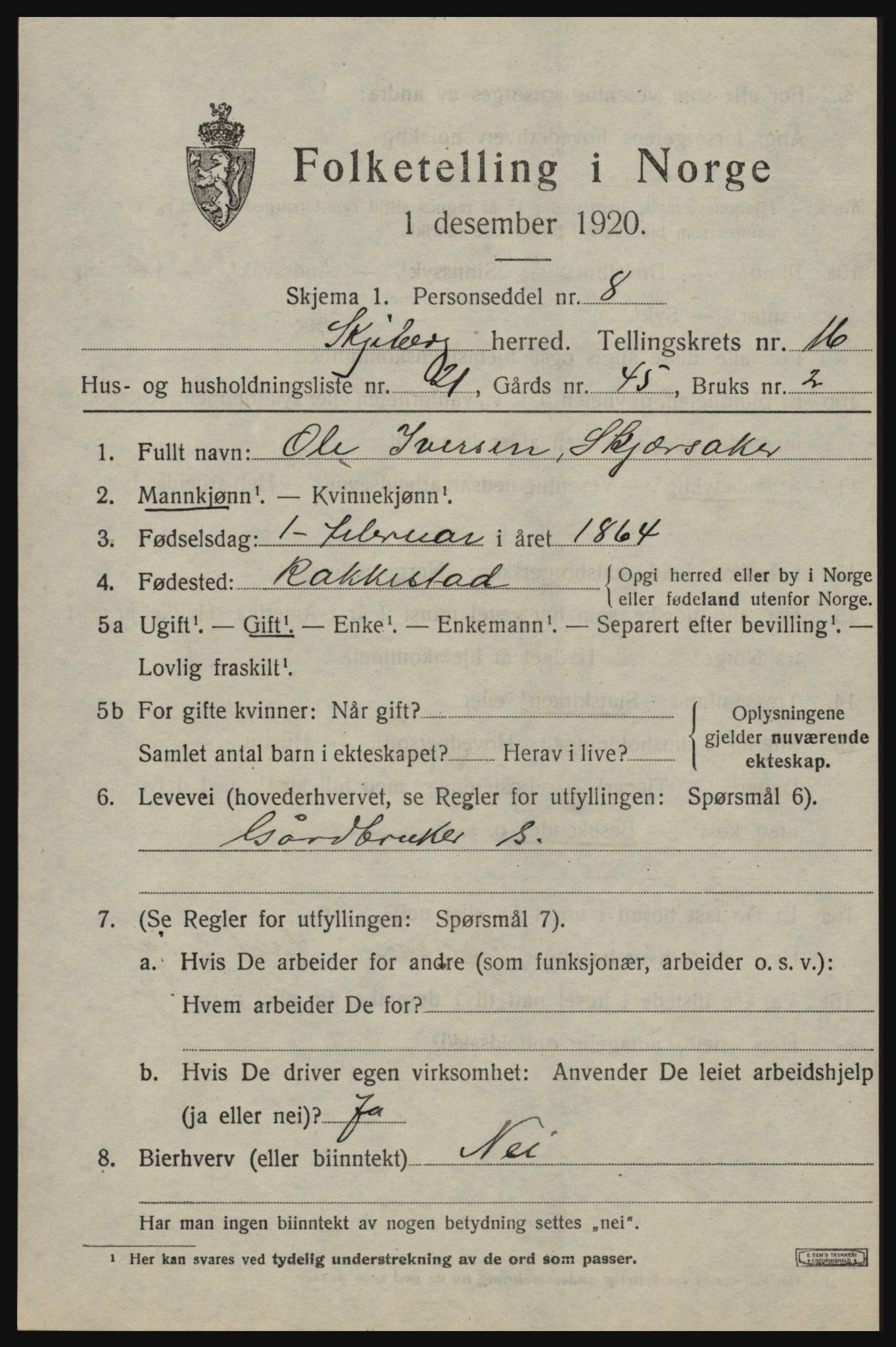 SAO, 1920 census for Skjeberg, 1920, p. 15083