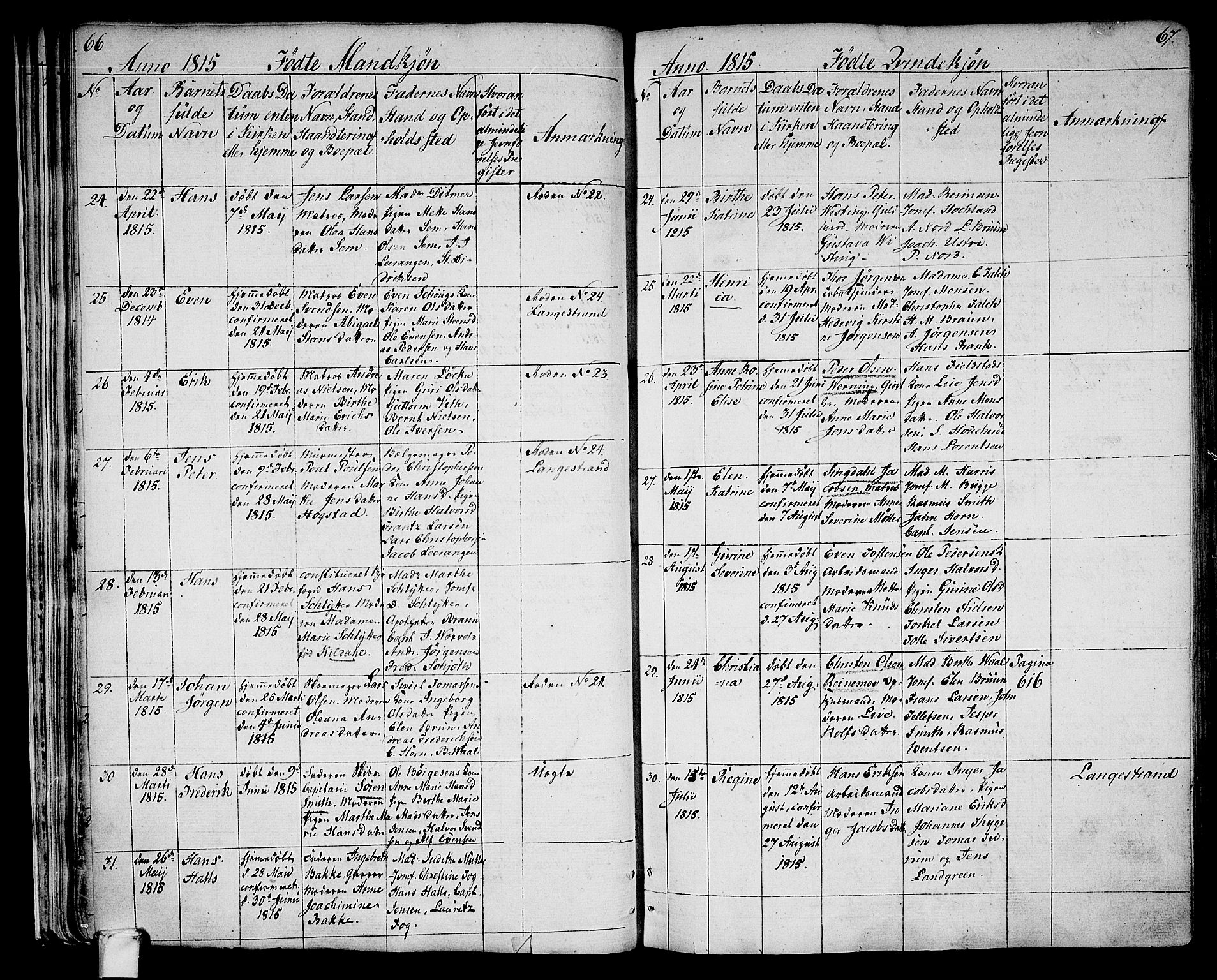 Larvik kirkebøker, SAKO/A-352/G/Ga/L0002: Parish register (copy) no. I 2, 1807-1830, p. 66-67