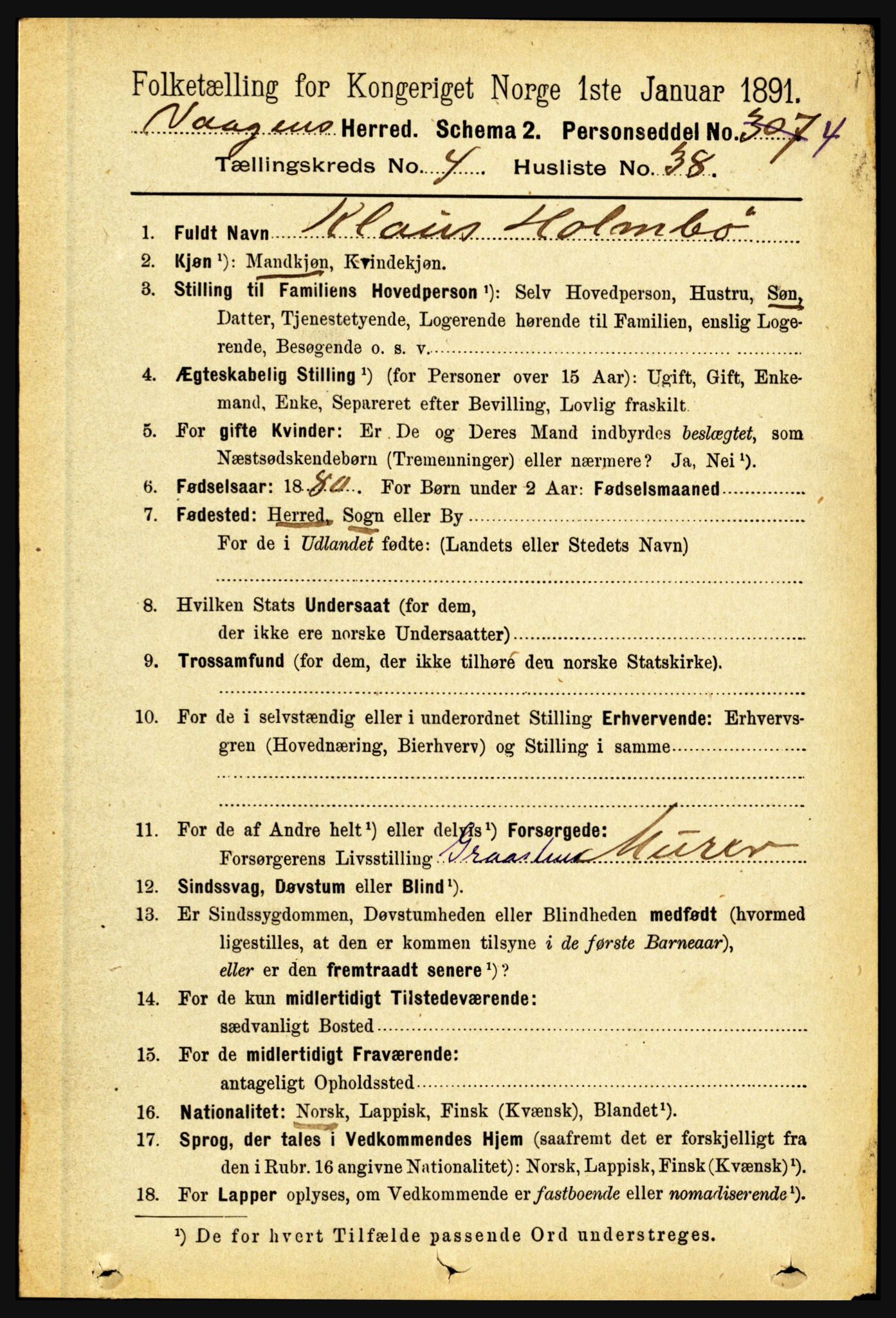 RA, 1891 census for 1865 Vågan, 1891, p. 1247