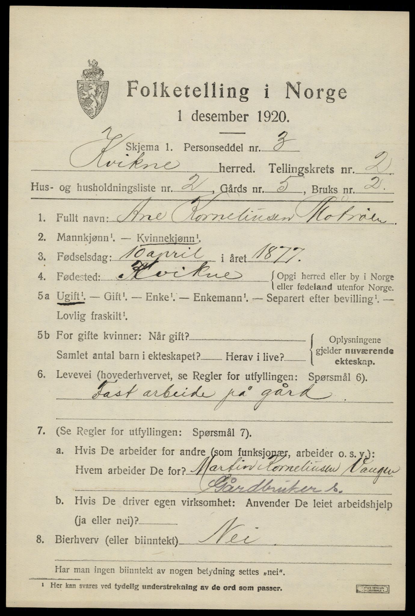 SAH, 1920 census for Kvikne, 1920, p. 986