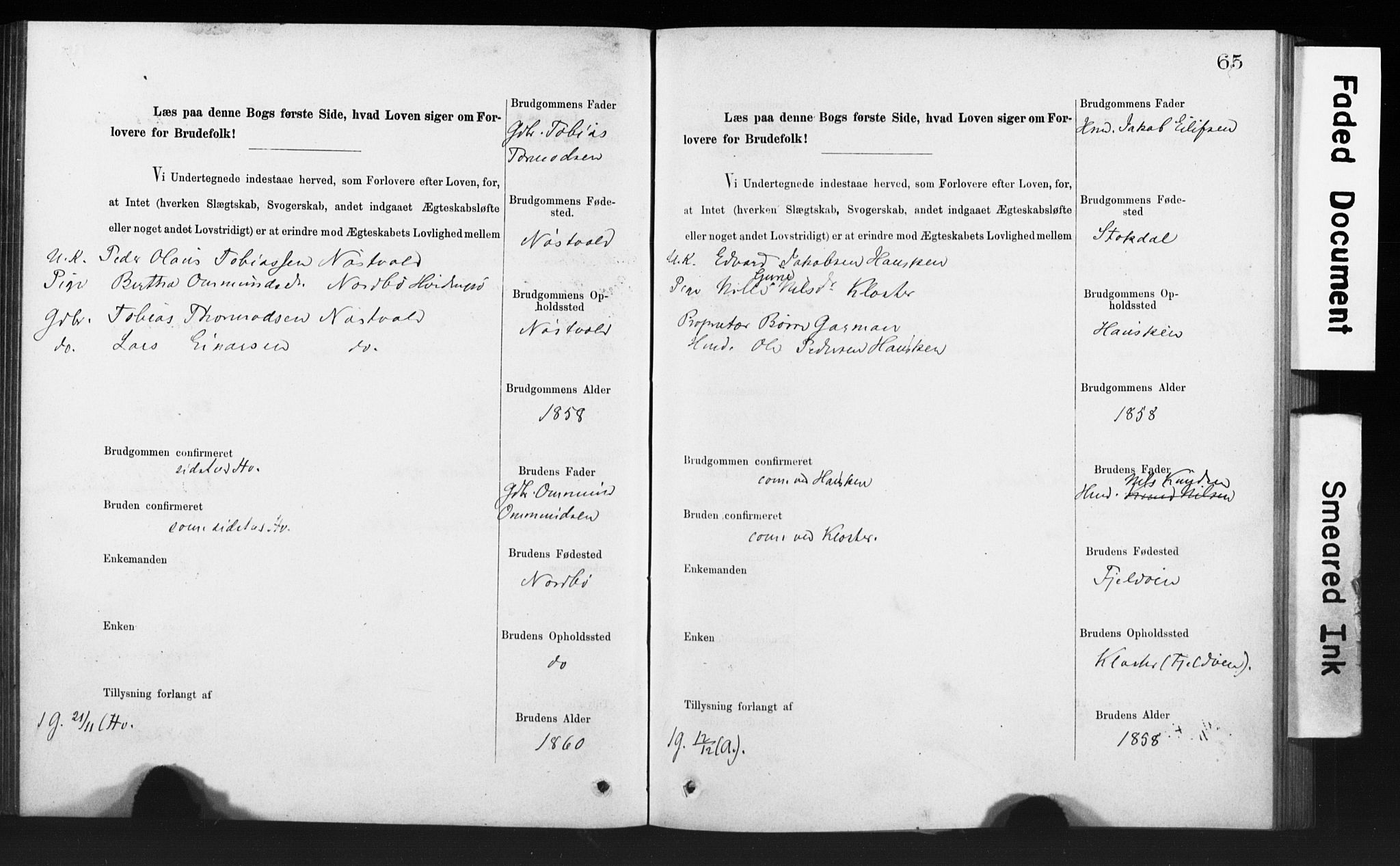 Rennesøy sokneprestkontor, SAST/A -101827/I/Ie/L0001: Banns register no. 1, 1873-1898, p. 65