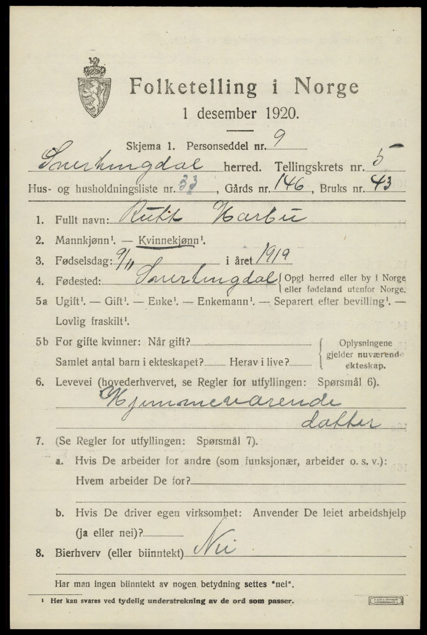 SAH, 1920 census for Snertingdal, 1920, p. 4693