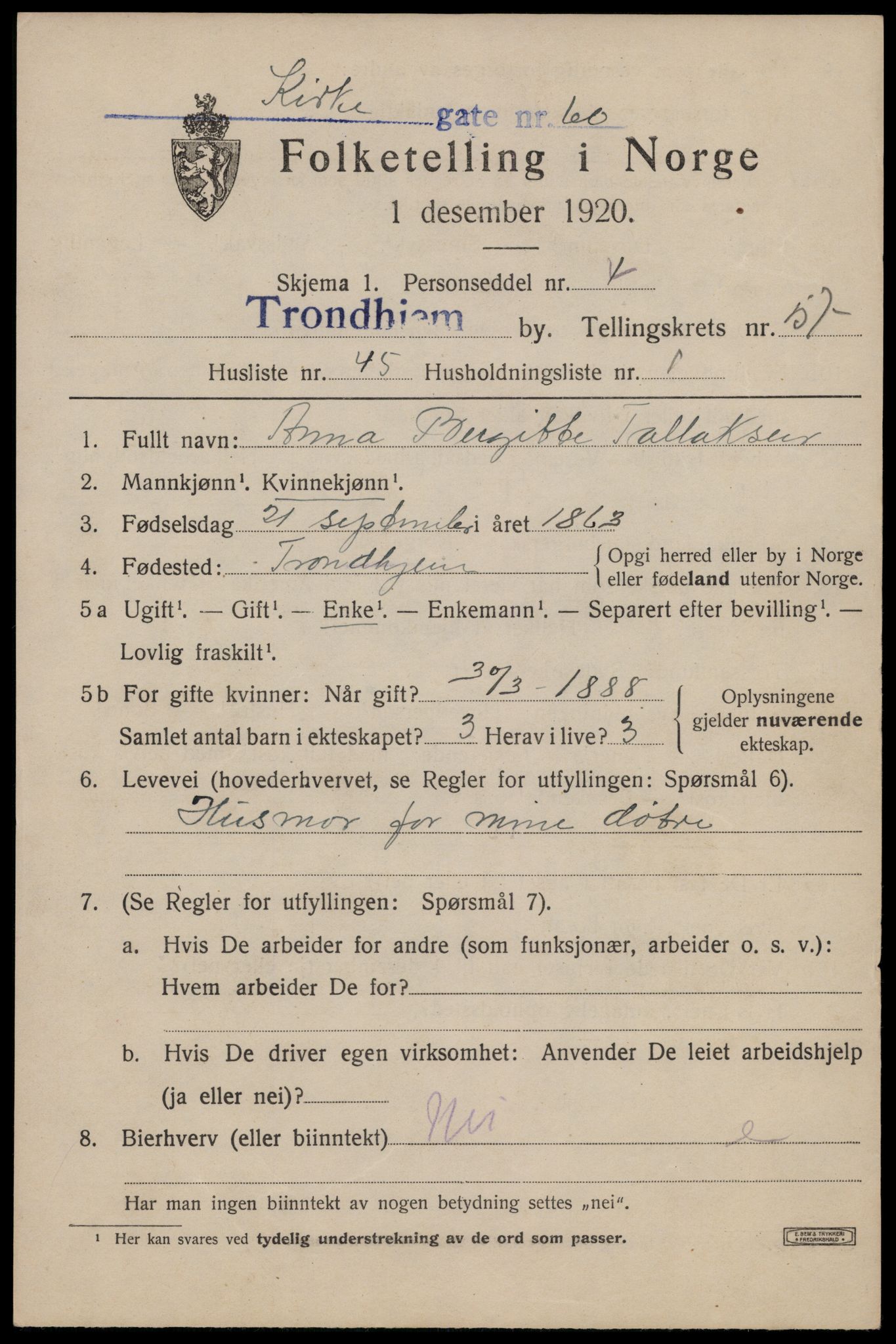 SAT, 1920 census for Trondheim, 1920, p. 117450