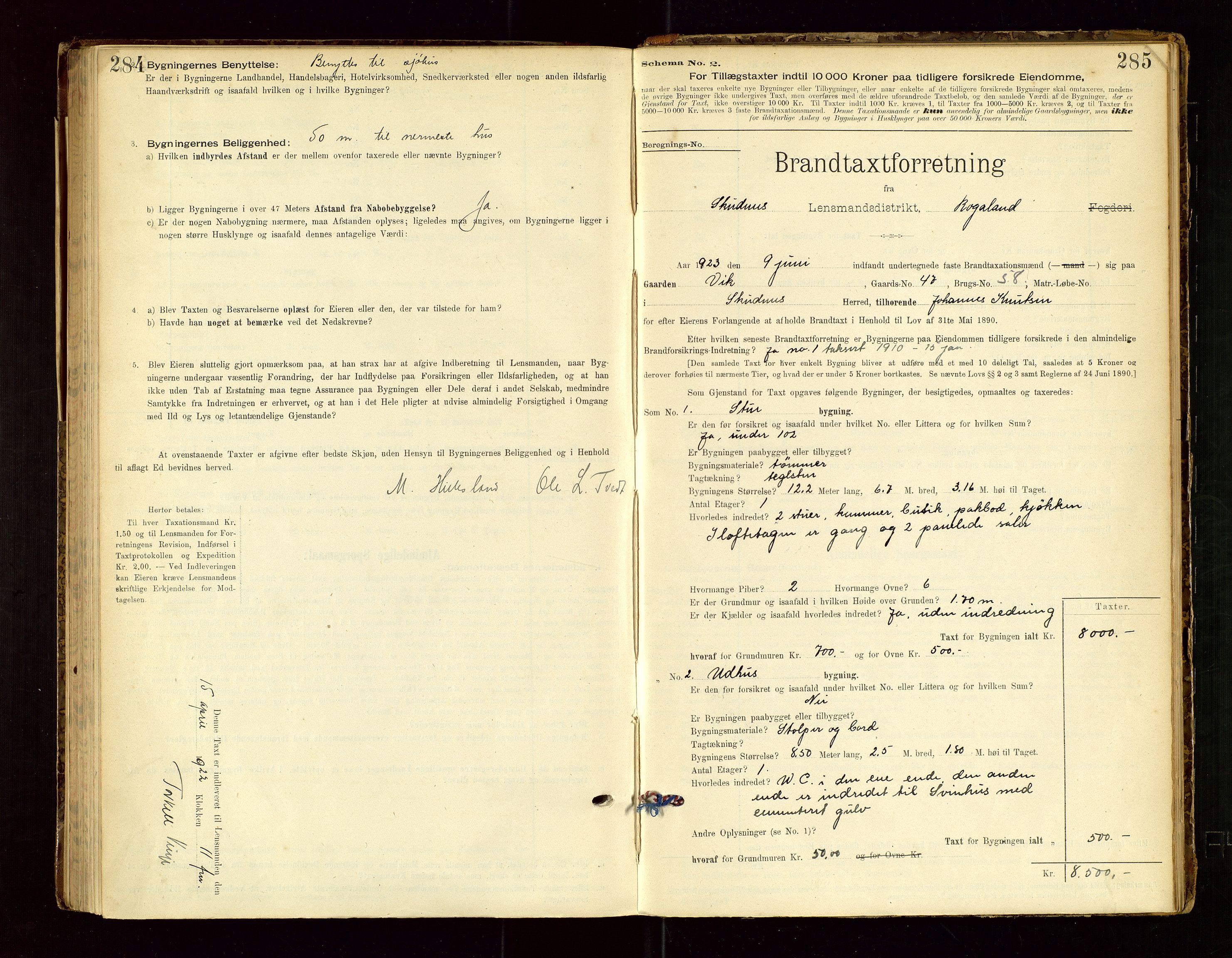 Skudenes lensmannskontor, SAST/A-100444/Gob/L0001: "Brandtaxationsprotokoll", 1895-1924, p. 284-285