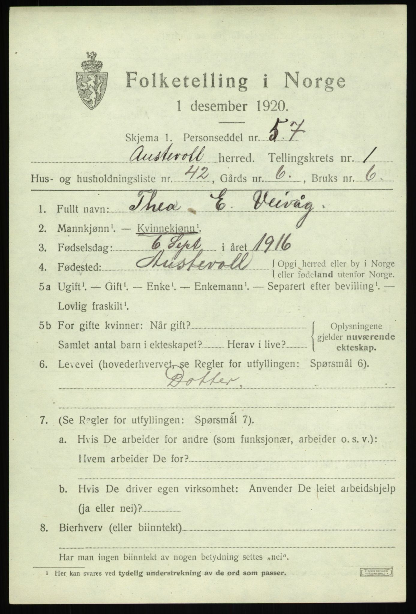 SAB, 1920 census for Austevoll, 1920, p. 1436