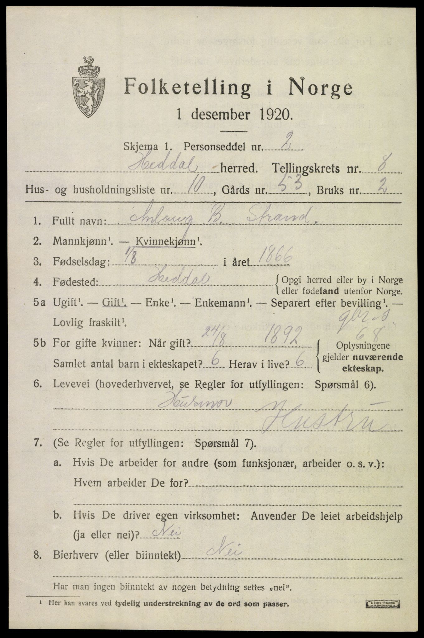 SAKO, 1920 census for Heddal, 1920, p. 6102