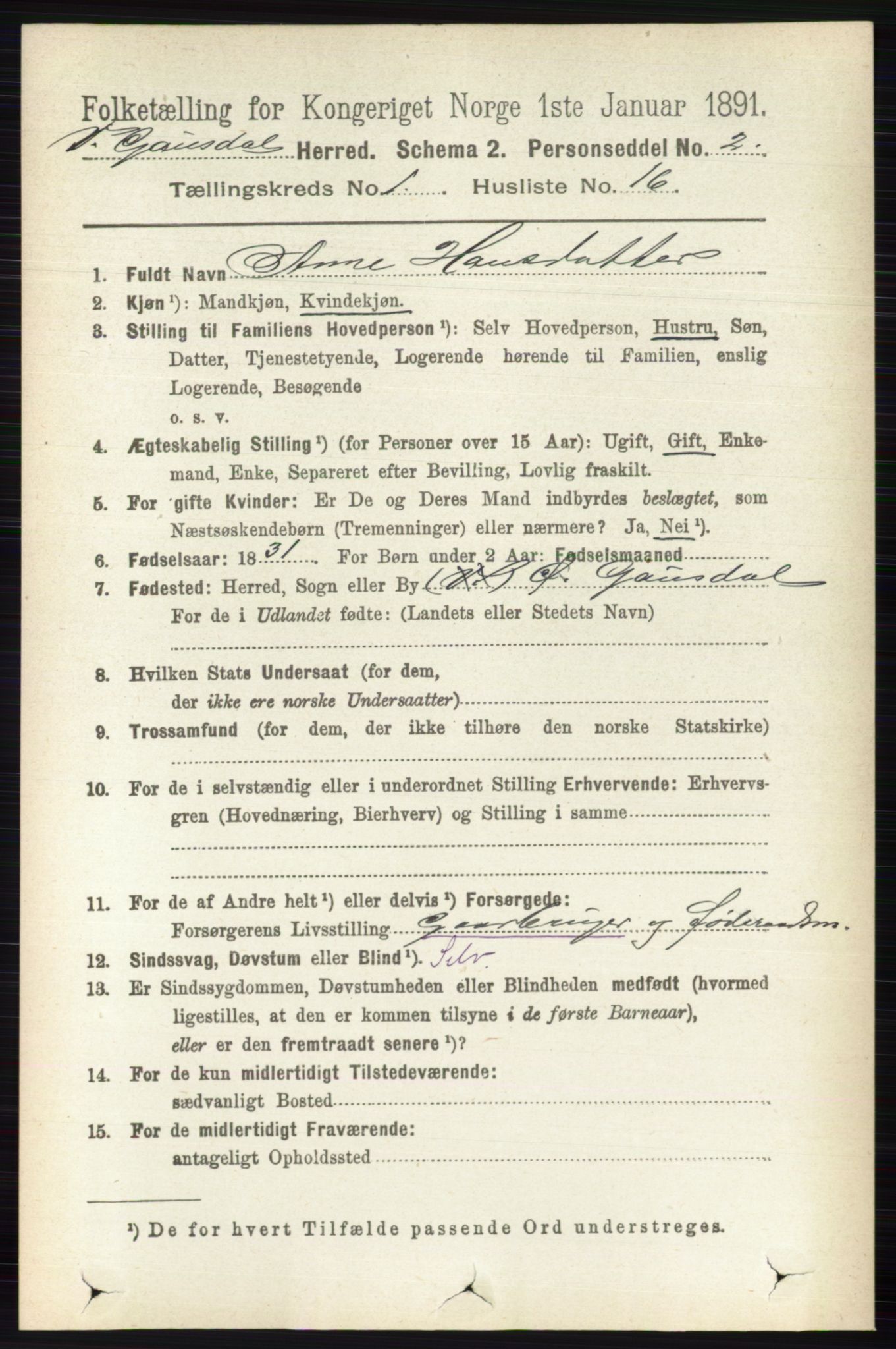 RA, 1891 census for 0523 Vestre Gausdal, 1891, p. 154