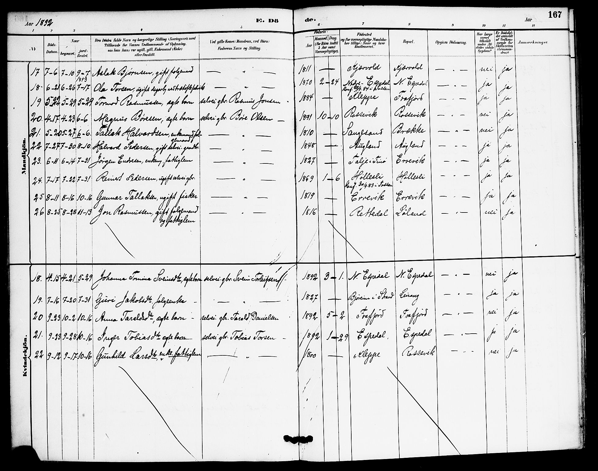 Høgsfjord sokneprestkontor, AV/SAST-A-101624/H/Ha/Haa/L0006: Parish register (official) no. A 6, 1885-1897, p. 167