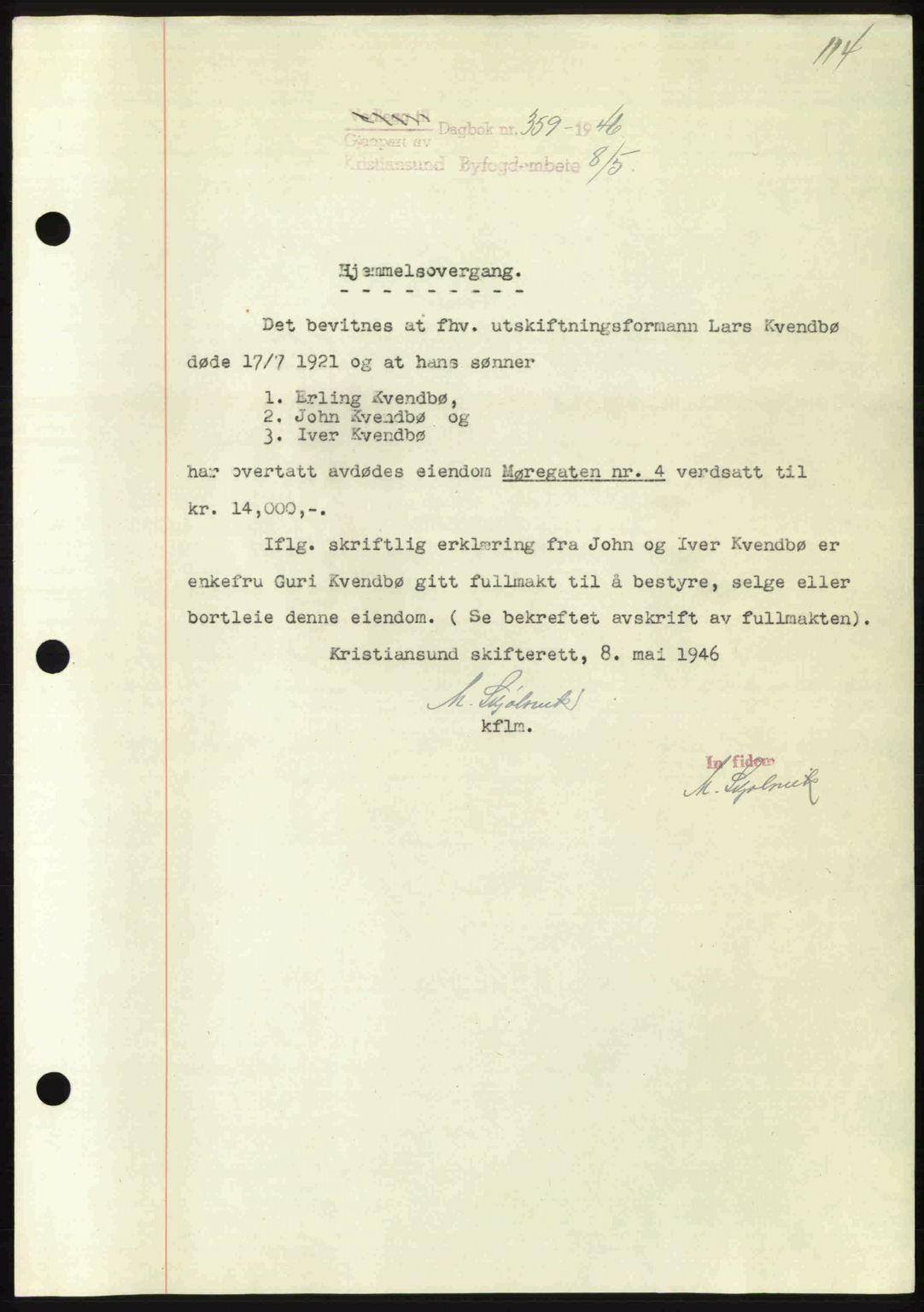 Kristiansund byfogd, AV/SAT-A-4587/A/27: Mortgage book no. 39b, 1946-1947, Diary no: : 359/1946