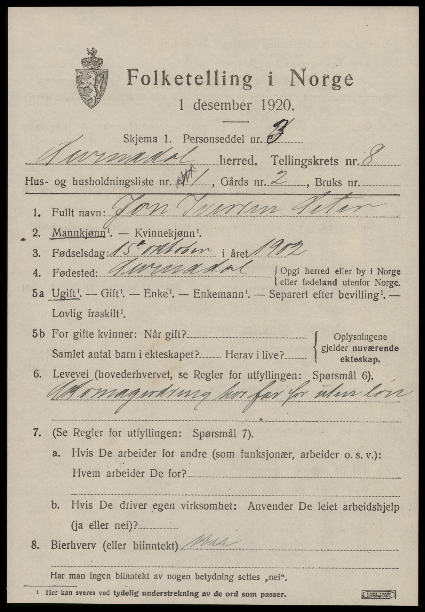 SAT, 1920 census for Surnadal, 1920, p. 5523