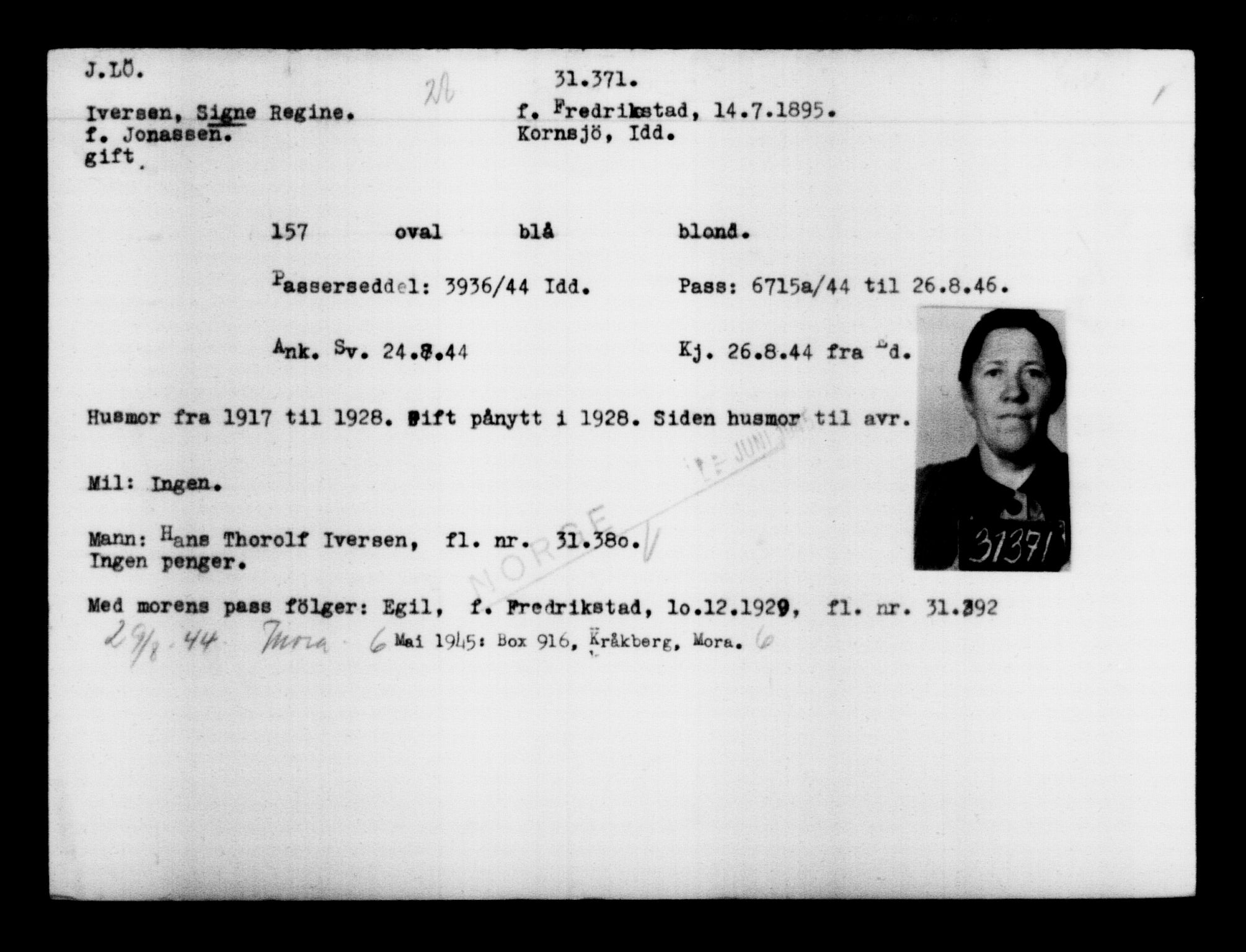 Utenriksstasjonene, Legasjonen i Stockholm, Flyktningkontoret, AV/RA-S-6753/V/Va/L0012: Kjesäterkartoteket, flyktninger med registreringsnr. 28300-31566, 1940-1945, p. 3324