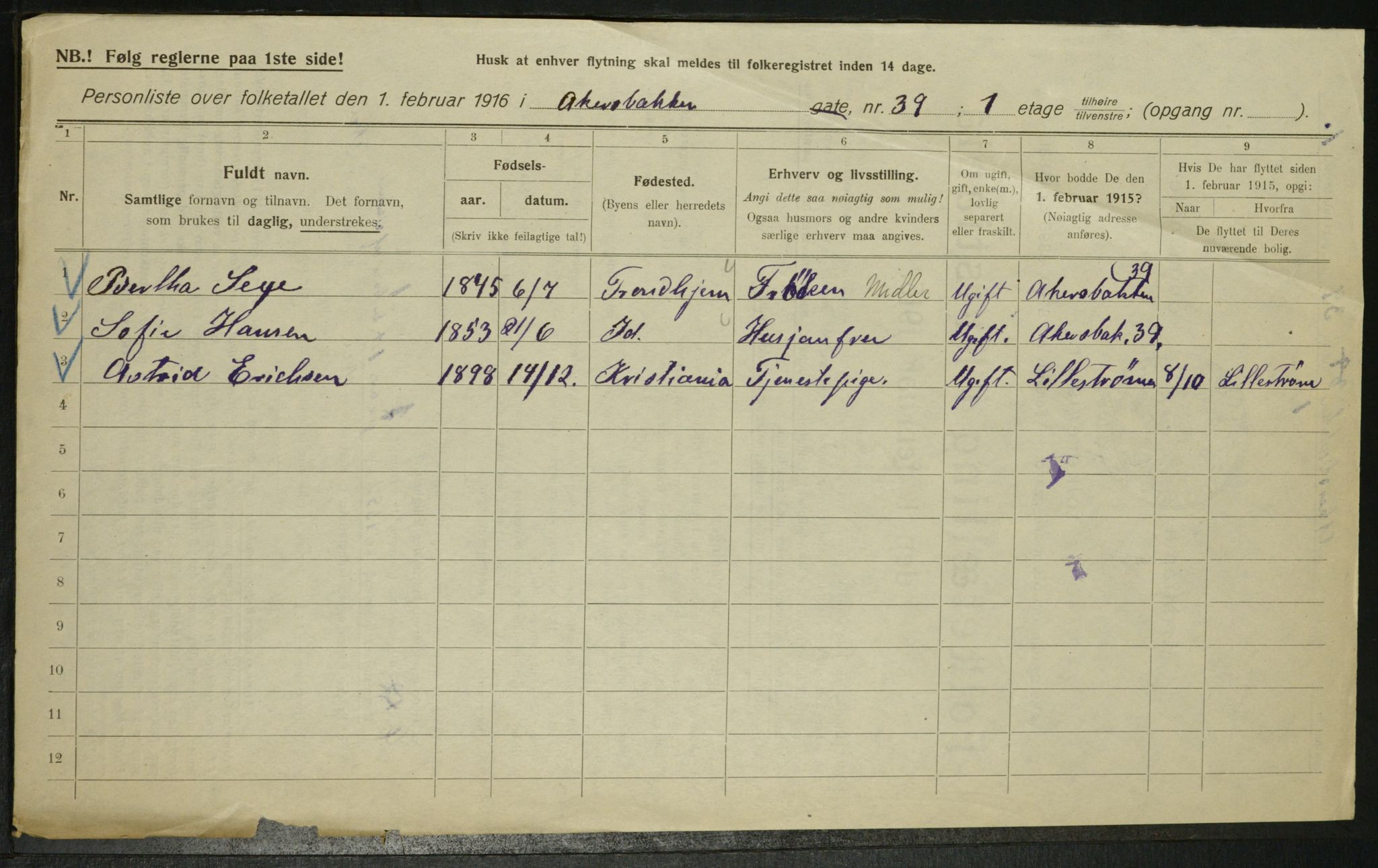 OBA, Municipal Census 1916 for Kristiania, 1916, p. 316