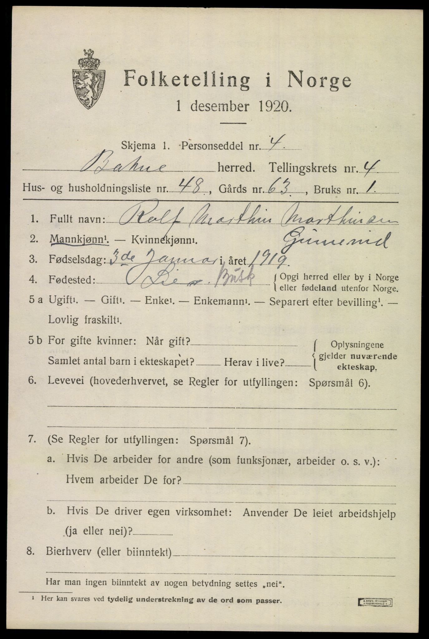 SAKO, 1920 census for Botne, 1920, p. 4157