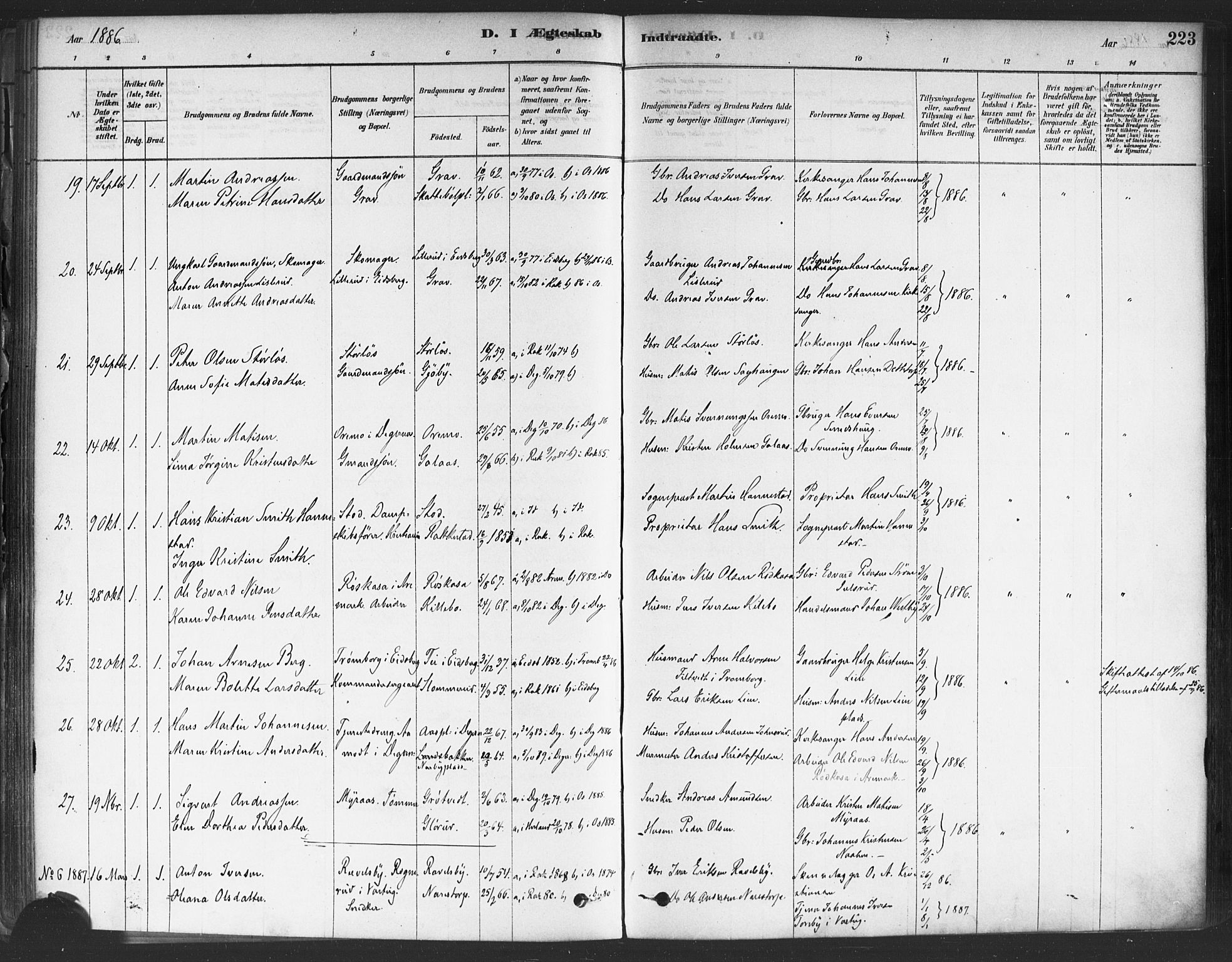 Rakkestad prestekontor Kirkebøker, AV/SAO-A-2008/F/Fa/L0012: Parish register (official) no. I 12, 1878-1893, p. 223