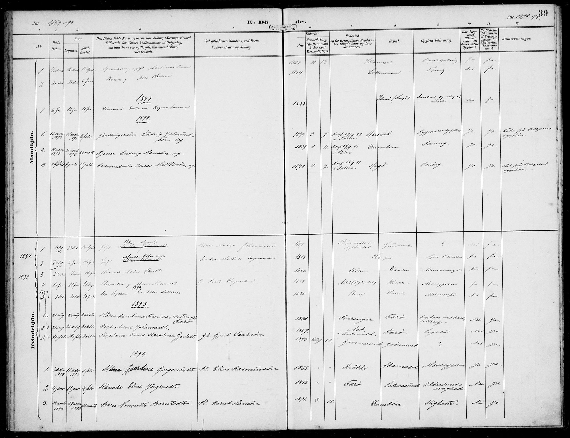 Solund sokneprestembete, SAB/A-81401: Parish register (official) no. B  1, 1891-1901, p. 39