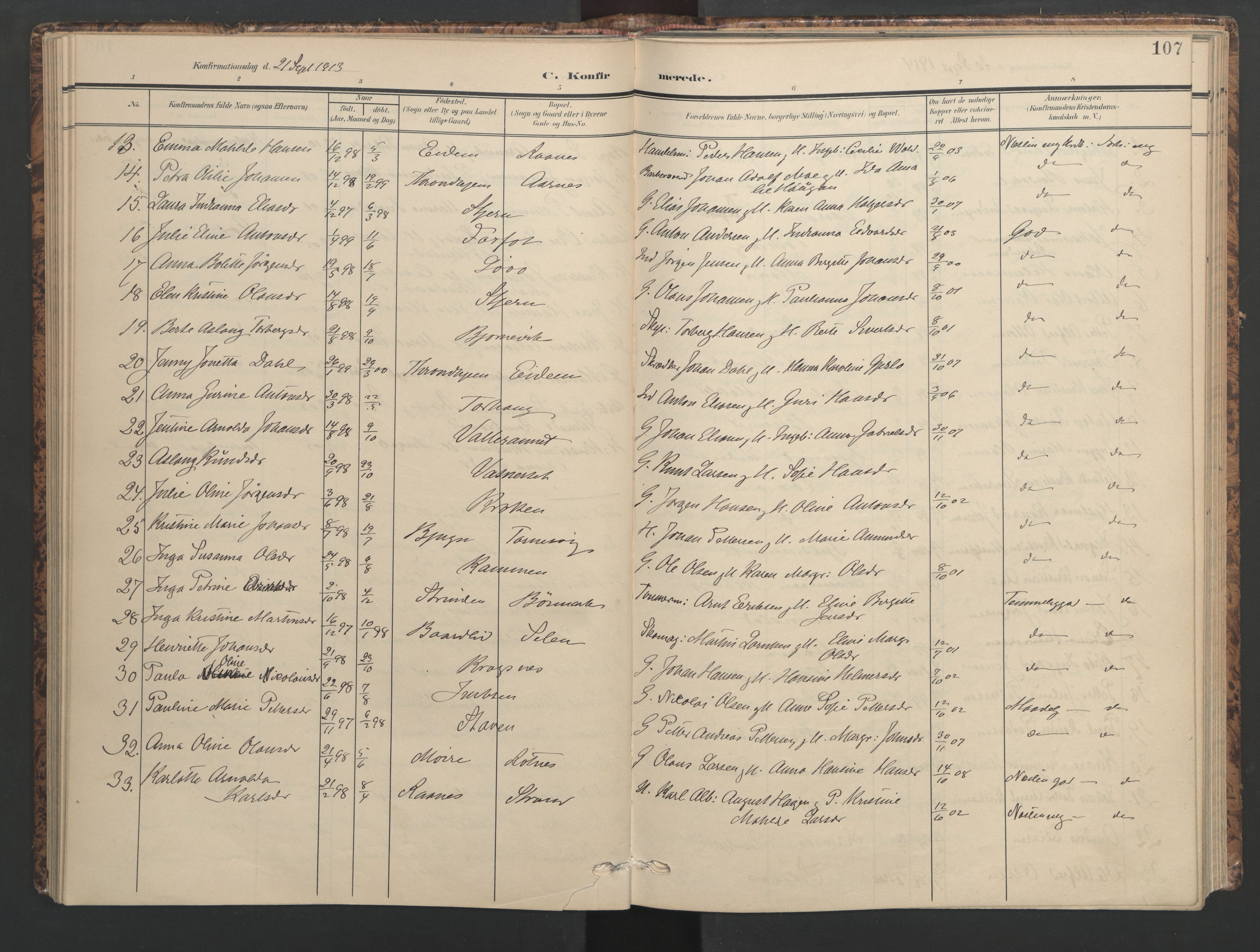 Ministerialprotokoller, klokkerbøker og fødselsregistre - Sør-Trøndelag, SAT/A-1456/655/L0682: Parish register (official) no. 655A11, 1908-1922, p. 107