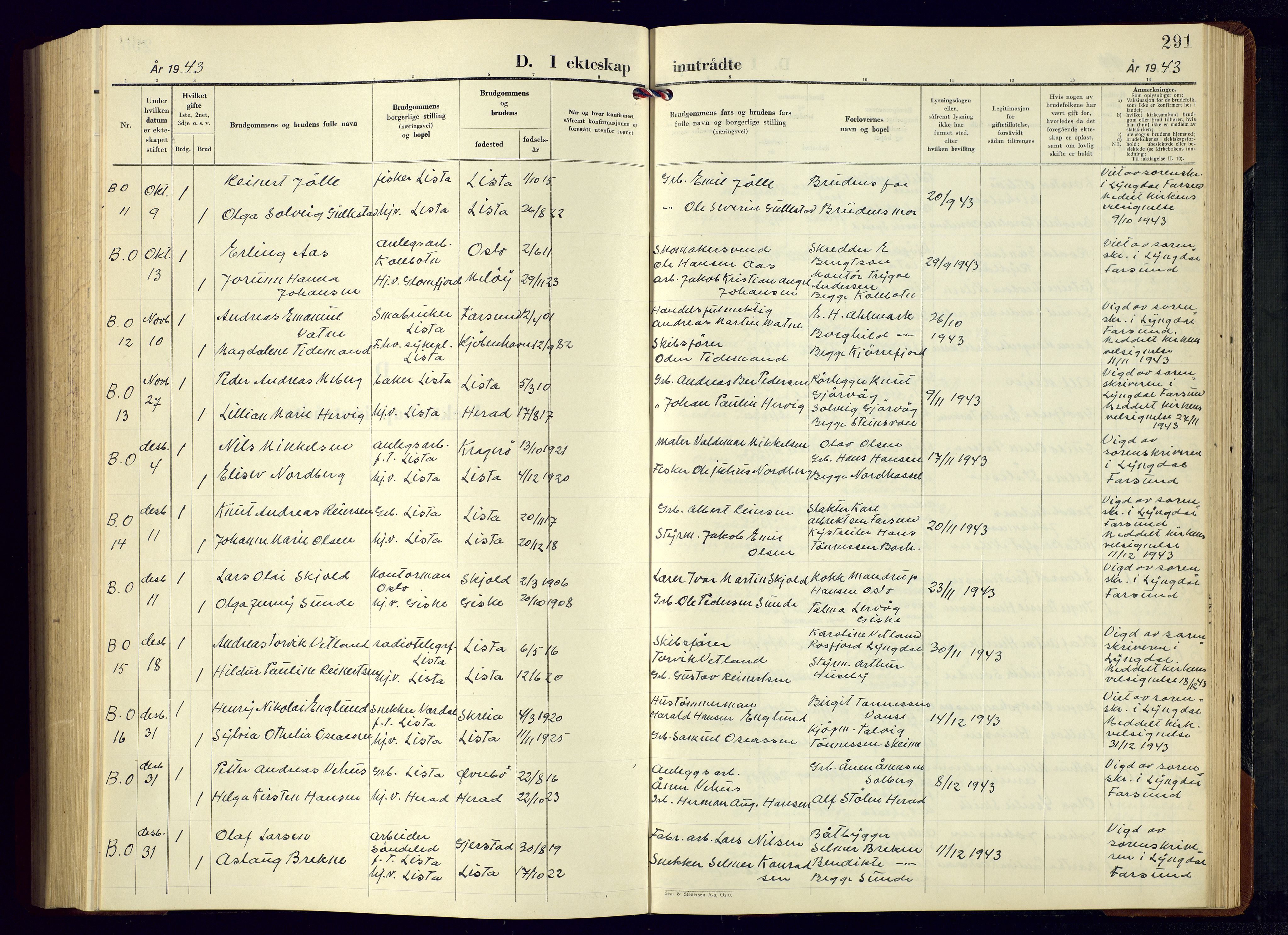Lista sokneprestkontor, SAK/1111-0027/F/Fb/L0007: Parish register (copy) no. B 7, 1943-1970, p. 291