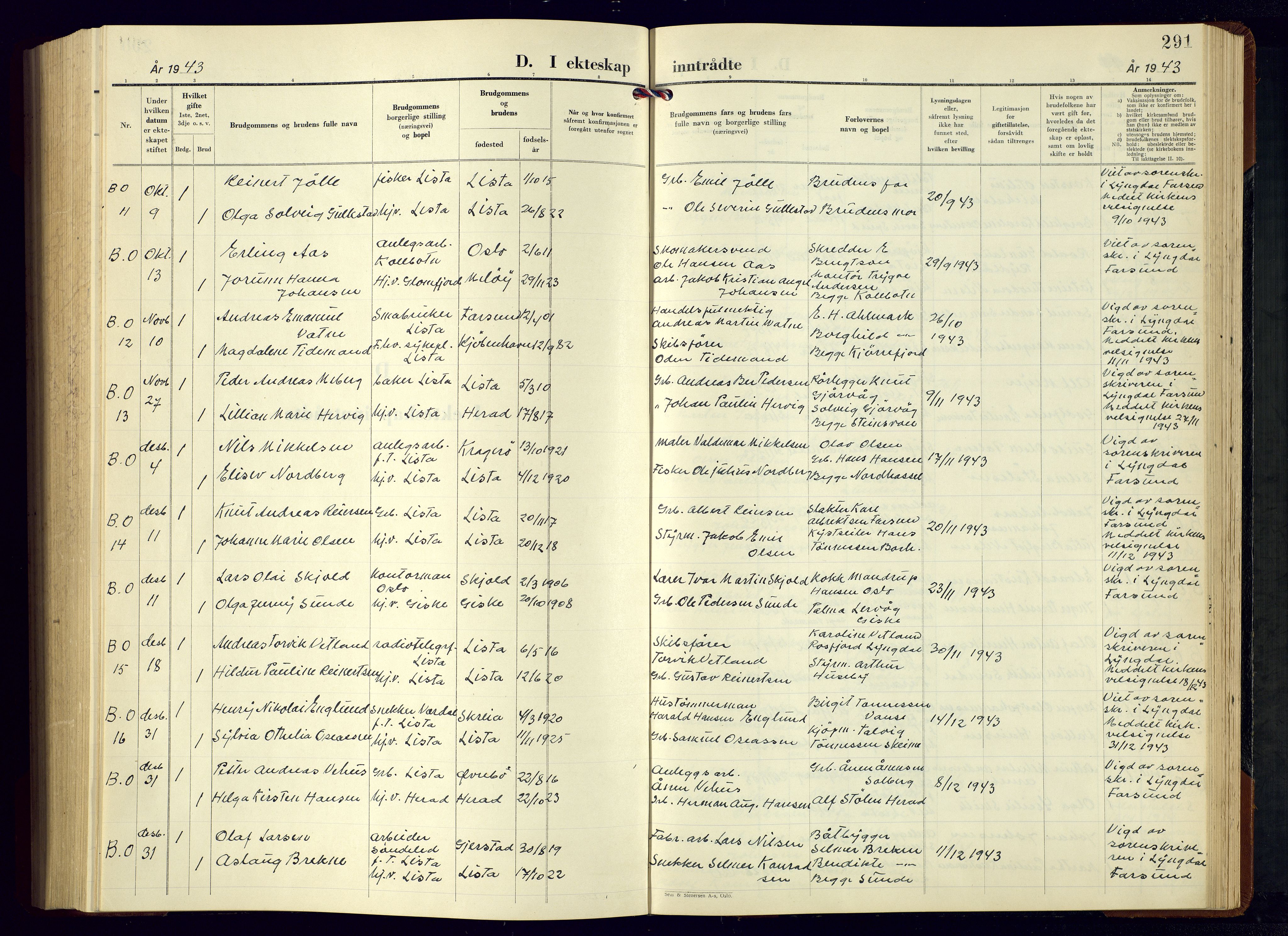 Lista sokneprestkontor, AV/SAK-1111-0027/F/Fb/L0007: Parish register (copy) no. B 7, 1943-1970, p. 291