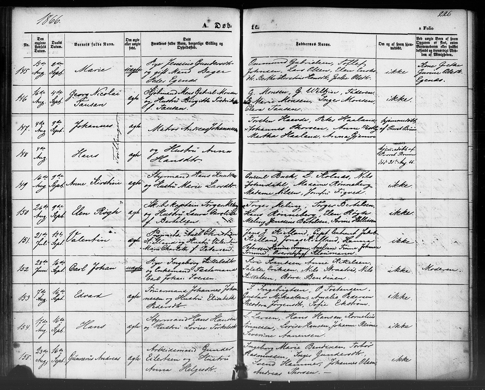 Domkirken sokneprestkontor, AV/SAST-A-101812/001/30/30BB/L0012: Parish register (copy) no. B 12, 1860-1871, p. 226