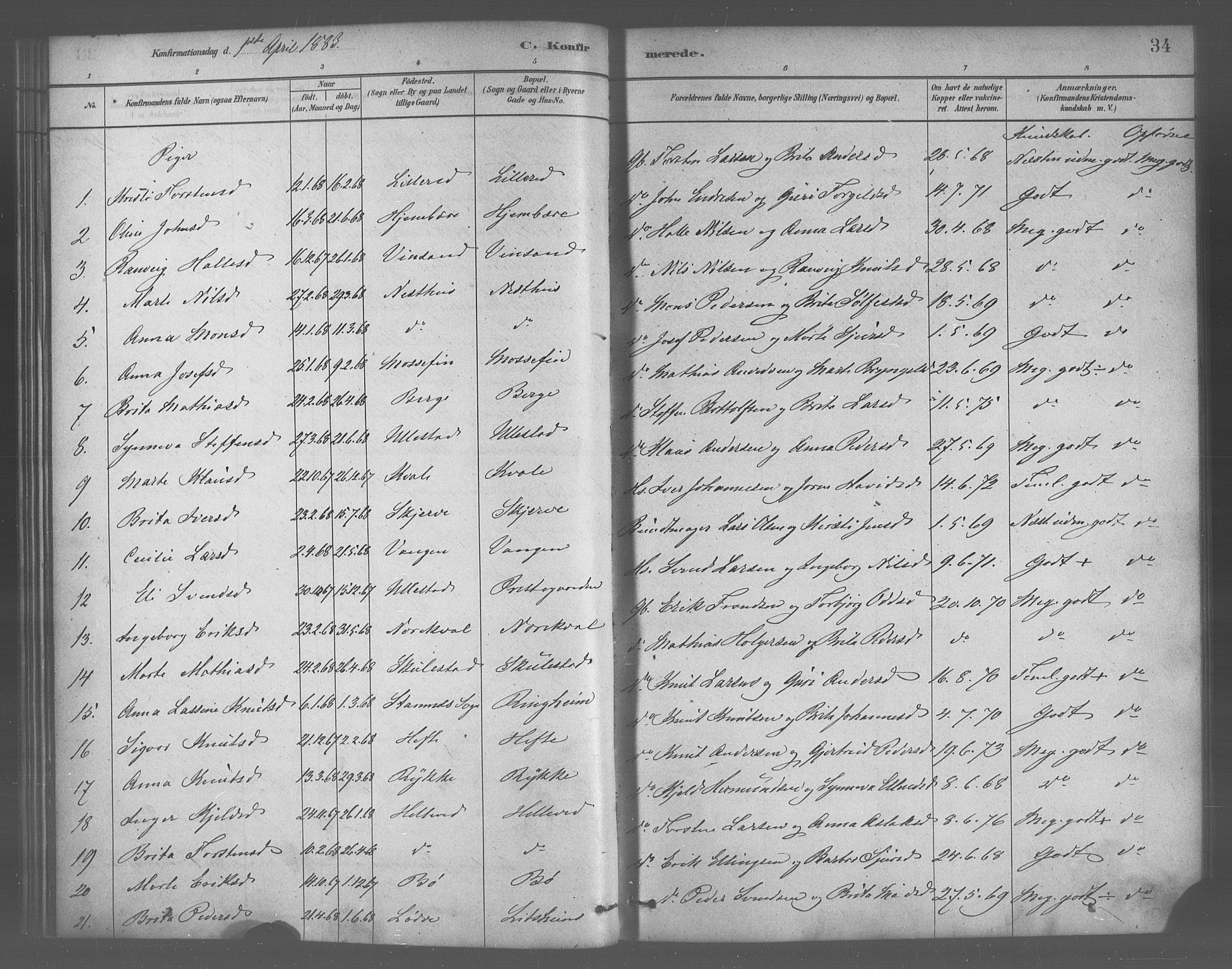Voss sokneprestembete, SAB/A-79001/H/Haa: Parish register (official) no. B 1, 1877-1899, p. 34